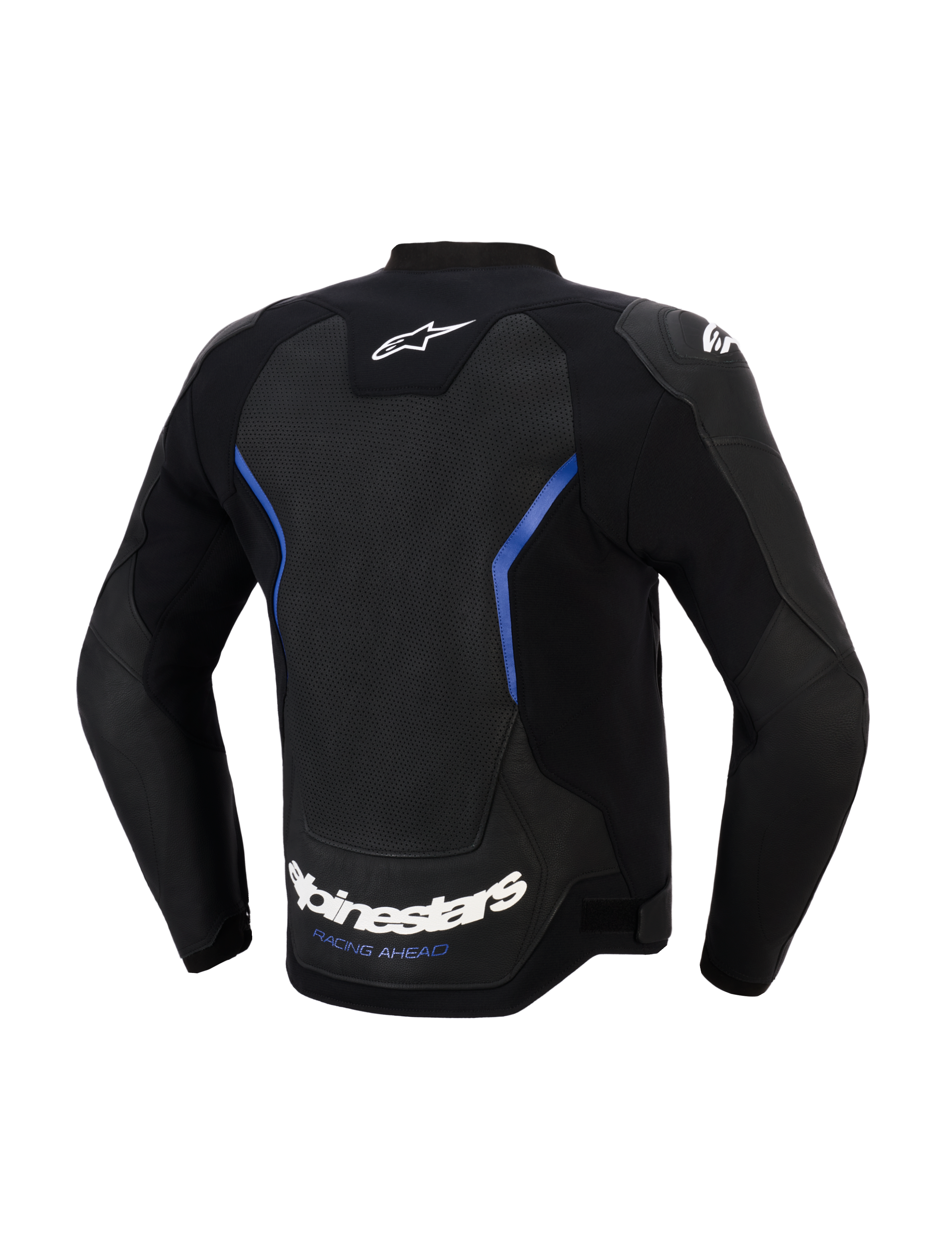 Giacca in pelle Alpinestars GP Force V2 Airflow, vista posteriore, nero e blu metallizzato, ampio pannello posteriore in pelle traforata per la ventilazione, scritta Alpinestars bianca e slogan 'RACING AHEAD' sul bordo inferiore, abbigliamento tecnico professionale per guida sportiva
