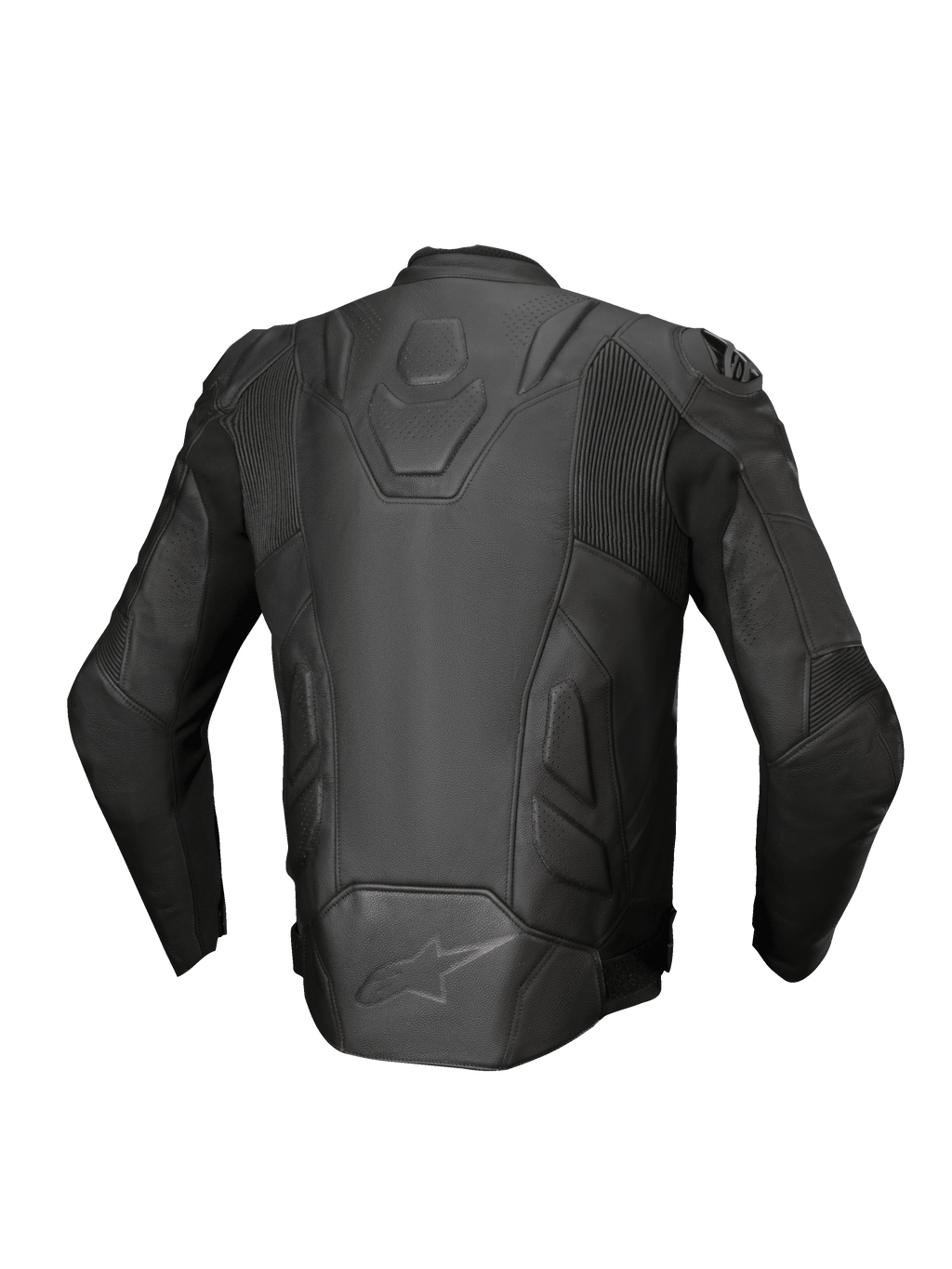 Alpinestars giacca in pelle Dusk, giacca da moto racing da uomo, nera, in pelle con pannelli a fisarmonica, vista posteriore.