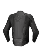 Alpinestars giacca in pelle Dusk, giacca da moto racing da uomo, nera, in pelle con pannelli a fisarmonica, vista posteriore.