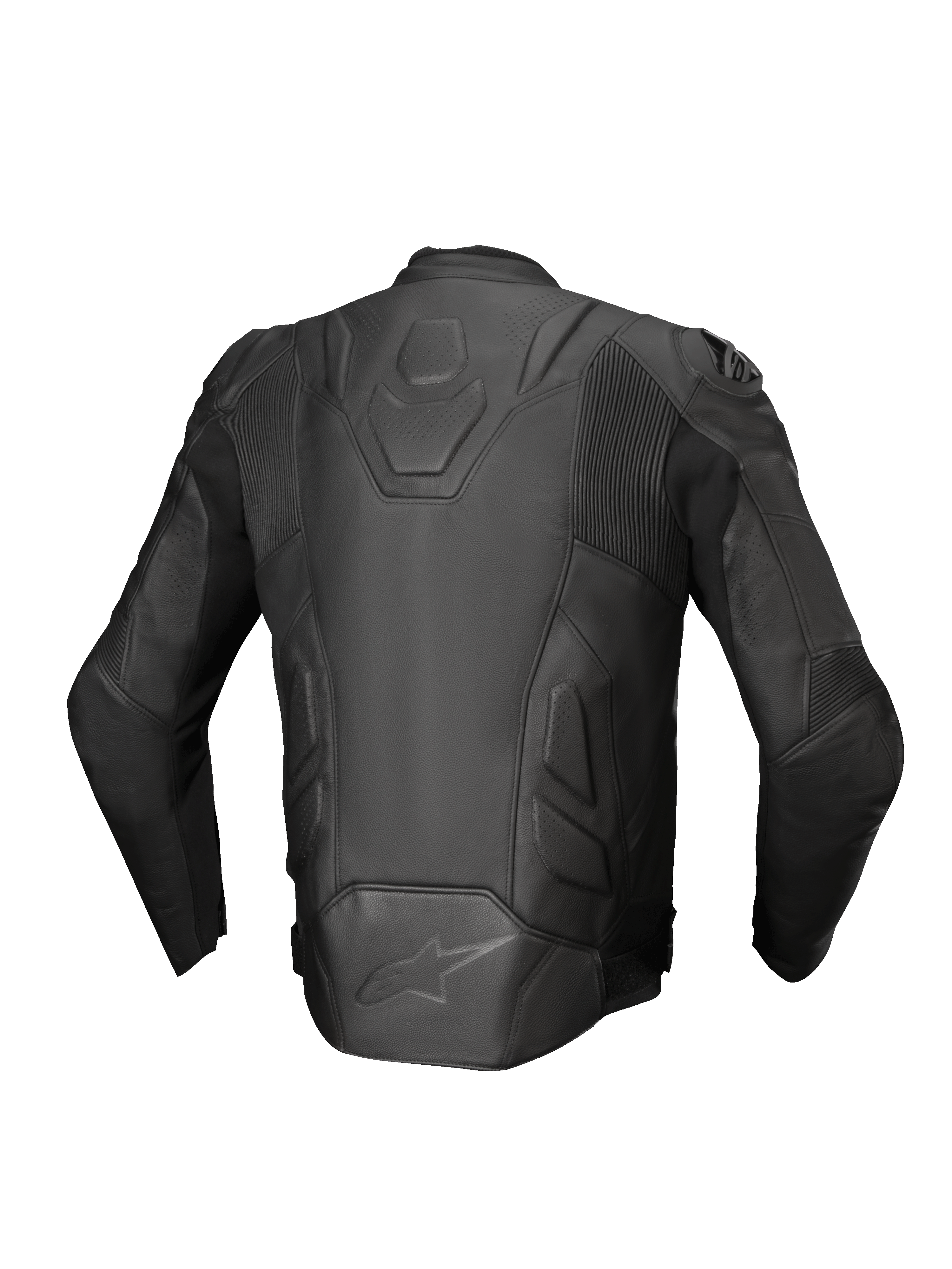 Alpinestars giacca in pelle Dusk, giacca da moto racing da uomo, nera, in pelle con pannelli a fisarmonica, vista posteriore.