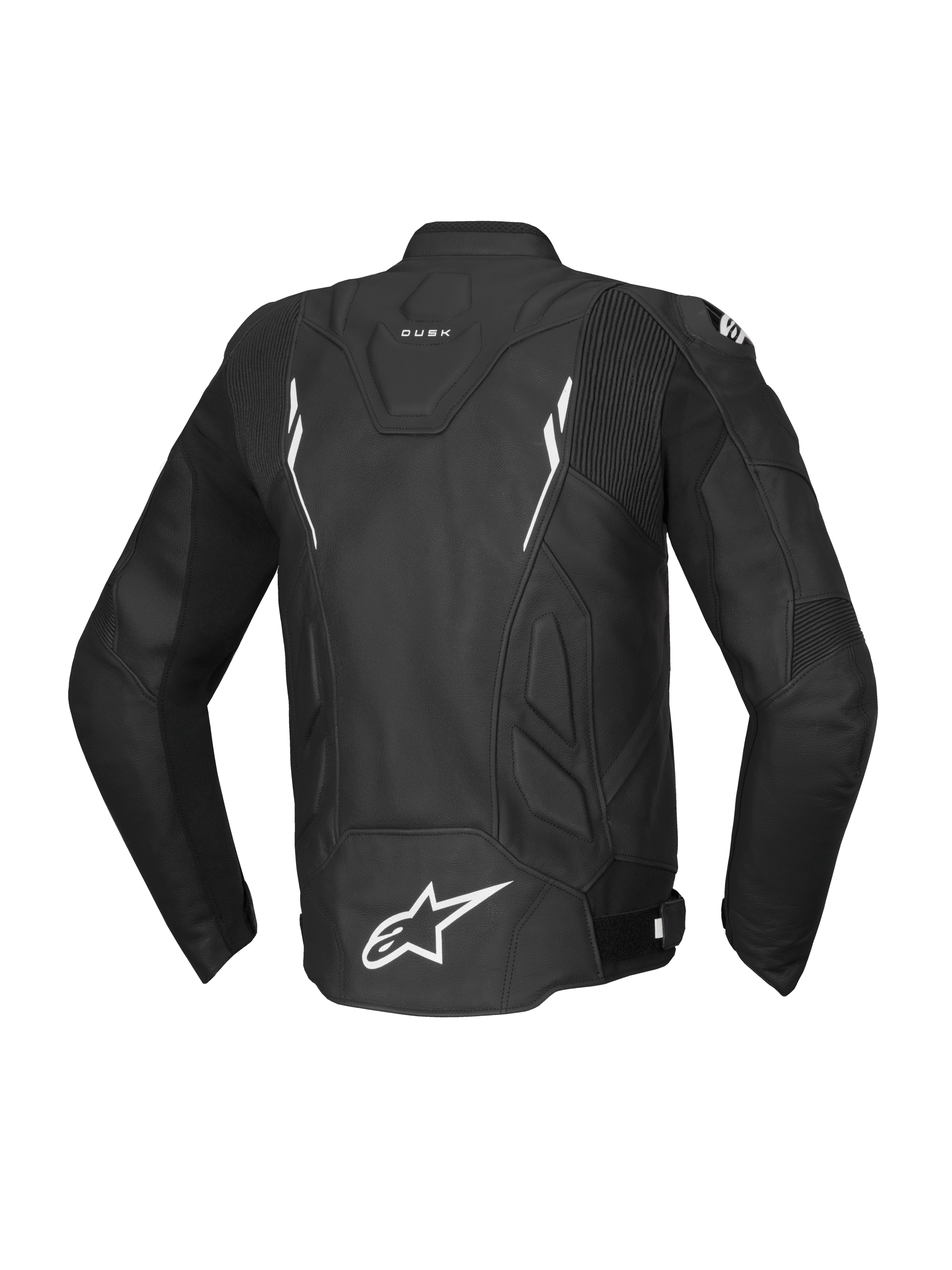Alpinestars giacca in pelle Dusk, giacca da moto racing da uomo, nero e bianco, pelle bovina, vista posteriore, Tech-Air® Ready.