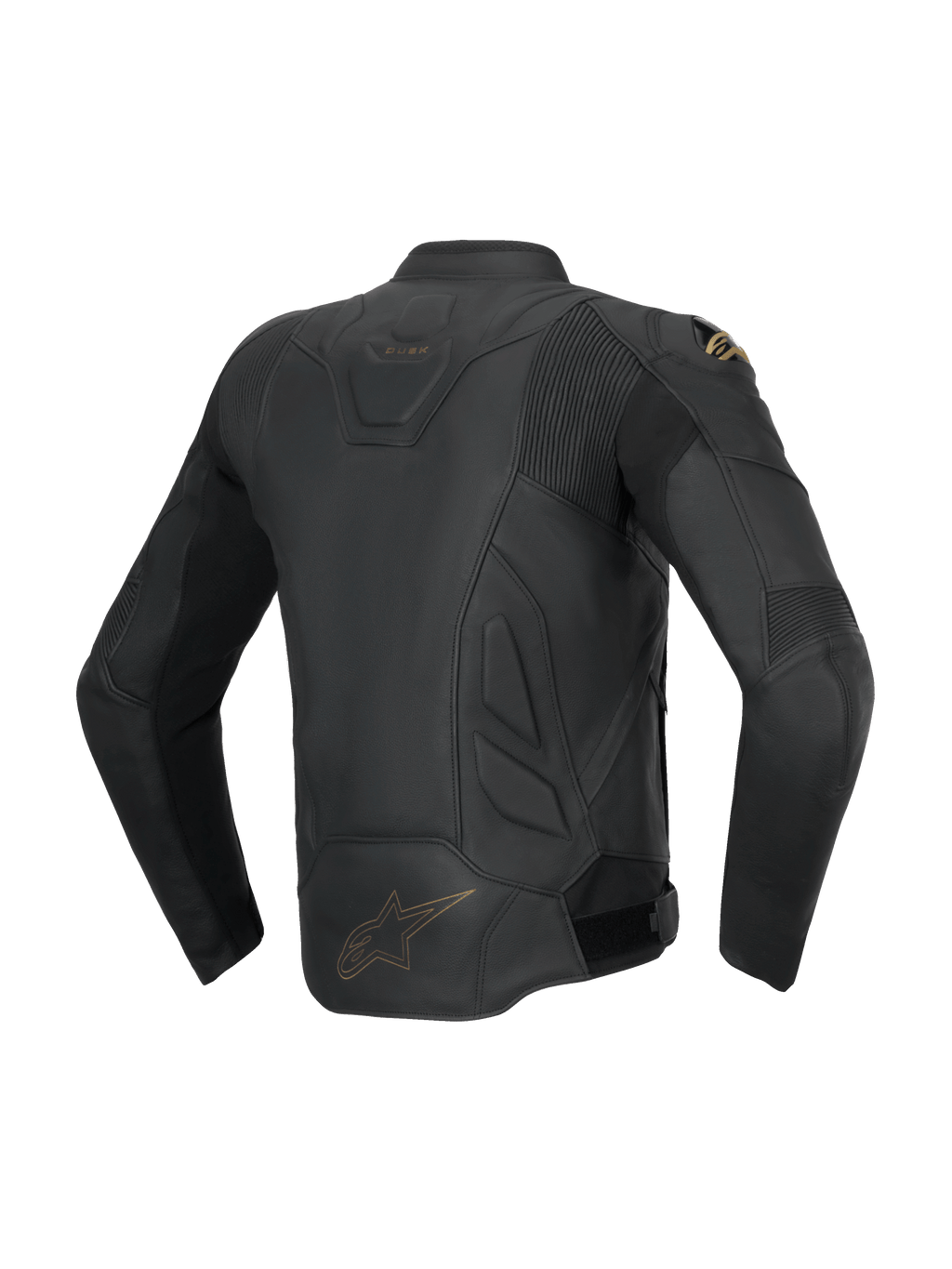 Alpinestars Giacca in pelle Dusk, giacca da moto sportiva stradale da uomo, nero, pelle bovina, vista posteriore con pannelli a fisarmonica elasticizzati e logo Astars.