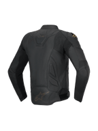 Alpinestars Giacca in pelle Dusk, giacca da moto sportiva stradale da uomo, nero, pelle bovina, vista posteriore con pannelli a fisarmonica elasticizzati e logo Astars.