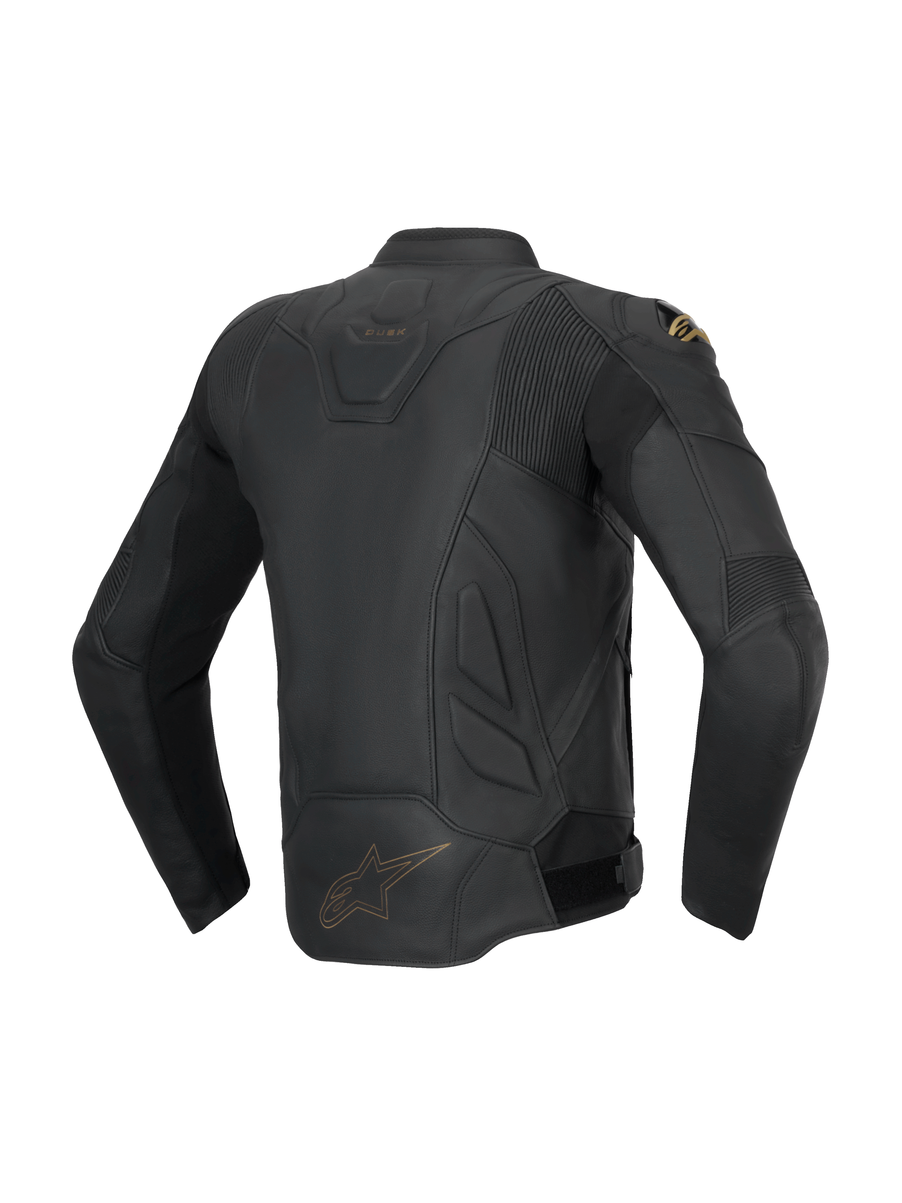 Alpinestars Giacca in pelle Dusk, giacca da moto sportiva stradale da uomo, nero, pelle bovina, vista posteriore con pannelli a fisarmonica elasticizzati e logo Astars.
