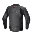 Giacca in pelle Alpinestars GP Plus V4, giacca da moto sportiva, nero, vista posteriore con logo Astar rosso sul collo, logo Astar grigio sulla parte inferiore della schiena, struttura in pelle bovina con pannelli elasticizzati A-CS™ Plus