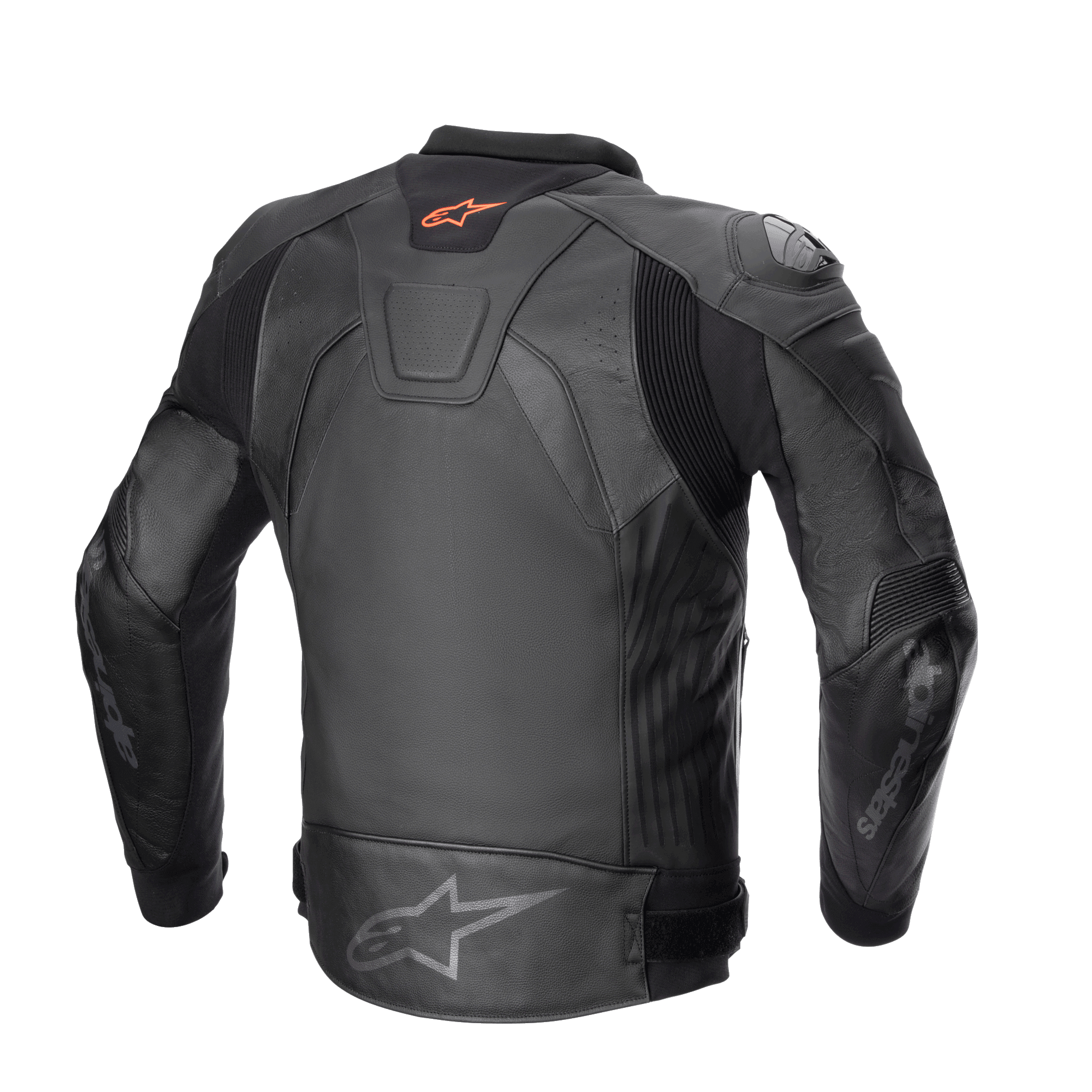 Giacca in pelle Alpinestars GP Plus V4, giacca da moto sportiva, nero, vista posteriore con logo Astar rosso sul collo, logo Astar grigio sulla parte inferiore della schiena, struttura in pelle bovina con pannelli elasticizzati A-CS™ Plus