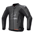 Giacca in pelle Alpinestars GP Plus V4, giacca da moto racing nera con marchio ASTARS argento sul petto, cerniera frontale, slider esterni DFS sulle spalle, cerniere di ventilazione sull'addome, cinturini regolabili in vita, dettagli rossi all'interno del colletto, costruzione in pelle pregiata e tessuto tecnico elasticizzato