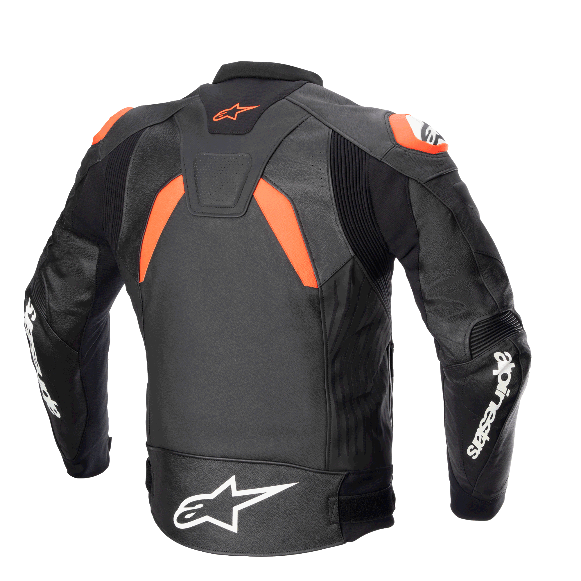 Giacca in pelle Alpinestars GP Plus V4, nero, rosso fluo e bianco, vista posteriore con pannelli elasticizzati e slider sulle spalle, loghi Alpinestars bianchi su maniche e vita, silhouette sportiva d'ispirazione racing