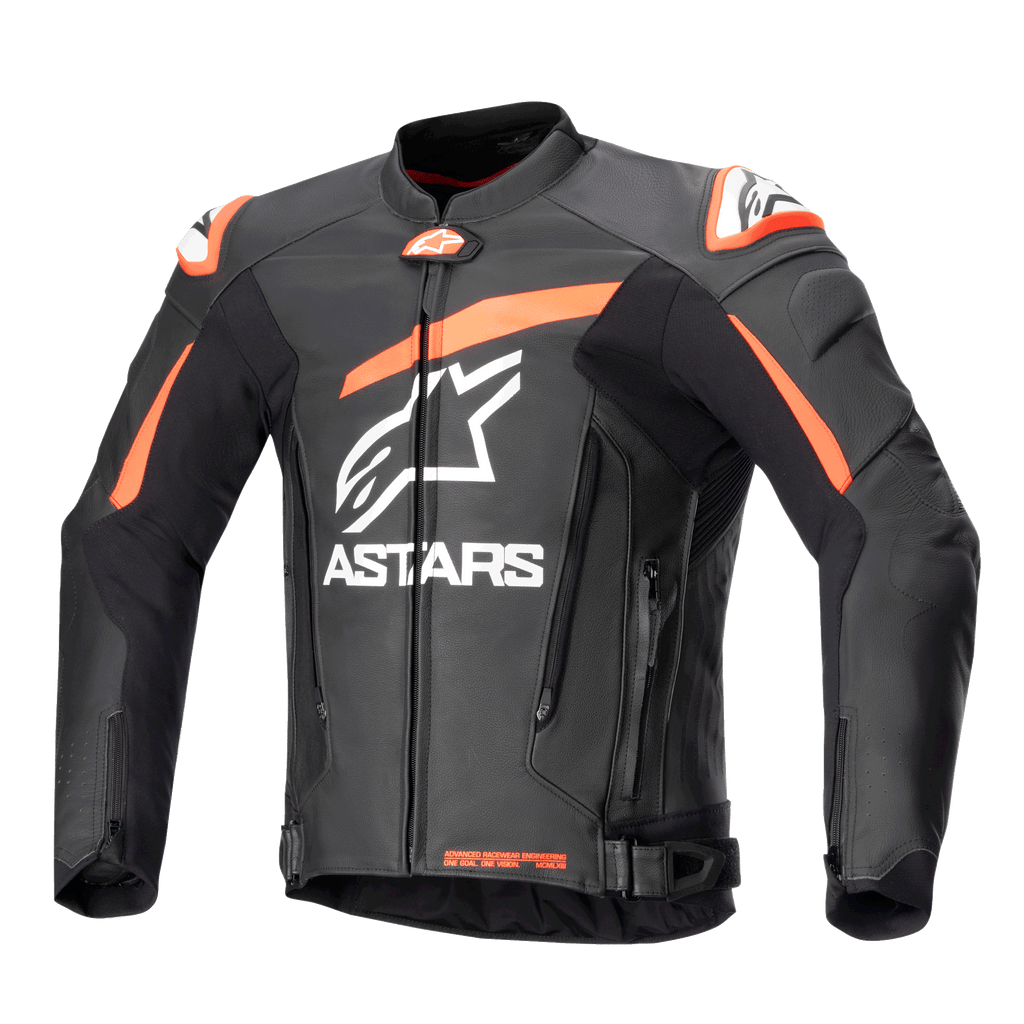 Alpinestars Giacca in pelle GP Plus V4, giacca da moto racing, nero con accenti rosso fluo e bianchi, con grande logo bianco ASTARS sul petto, slider esterni sulle spalle e design strutturato in pelle per prestazioni elevate