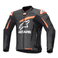 Alpinestars Giacca in pelle GP Plus V4, giacca da moto racing, nero con accenti rosso fluo e bianchi, con grande logo bianco ASTARS sul petto, slider esterni sulle spalle e design strutturato in pelle per prestazioni elevate