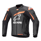 Alpinestars Giacca in pelle GP Plus V4, giacca da moto racing, nero con accenti rosso fluo e bianchi, con grande logo bianco ASTARS sul petto, slider esterni sulle spalle e design strutturato in pelle per prestazioni elevate