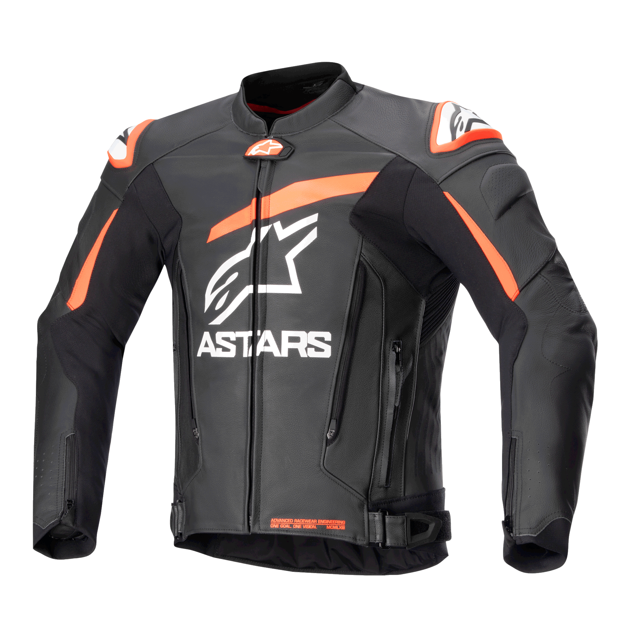 Alpinestars Giacca in pelle GP Plus V4, giacca da moto racing, nero con accenti rosso fluo e bianchi, con grande logo bianco ASTARS sul petto, slider esterni sulle spalle e design strutturato in pelle per prestazioni elevate