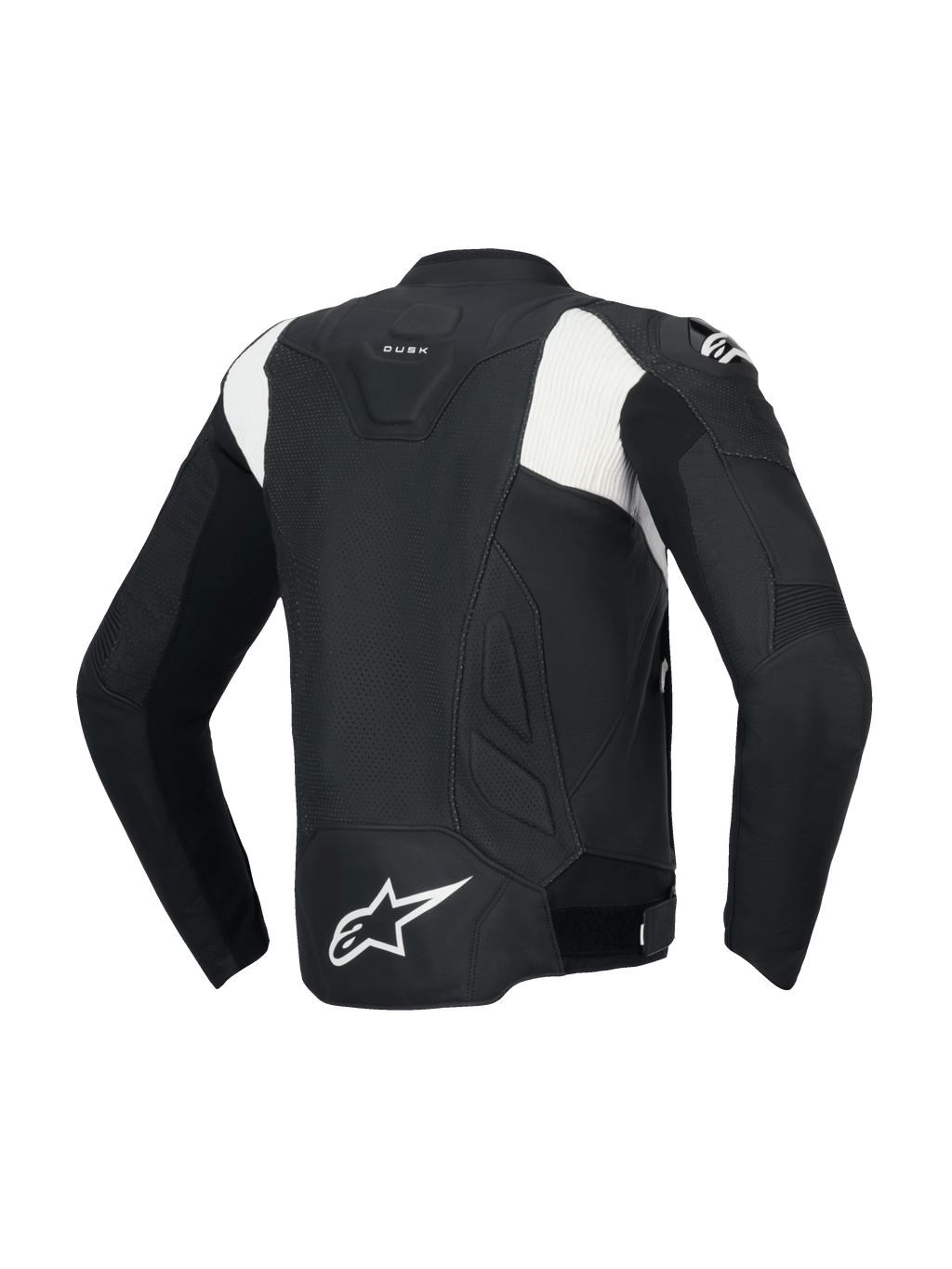 Alpinestars Giacca In Pelle Dusk Airflow, giacca da moto sportiva perforata da uomo, vista posteriore, nera e bianca, costruzione in pelle bovina con certificazione CE