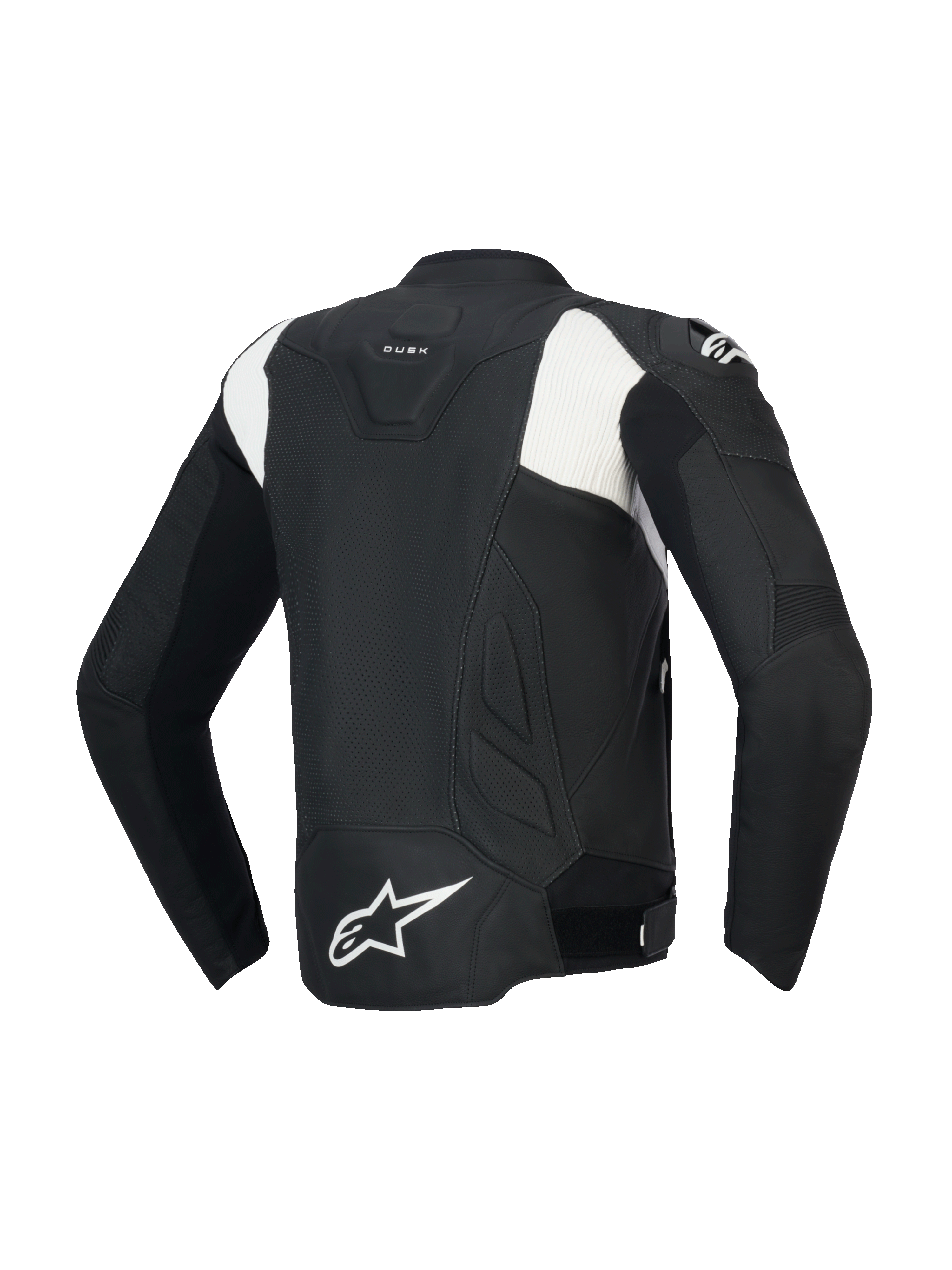 Alpinestars Giacca In Pelle Dusk Airflow, giacca da moto sportiva perforata da uomo, vista posteriore, nera e bianca, costruzione in pelle bovina con certificazione CE