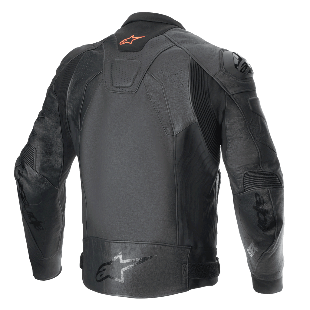 Alpinestars Giacca In Pelle GP Plus R V4 Airflow, giacca da moto sportiva da uomo, vista posteriore in nero con inserti elasticizzati e pelle di grado race