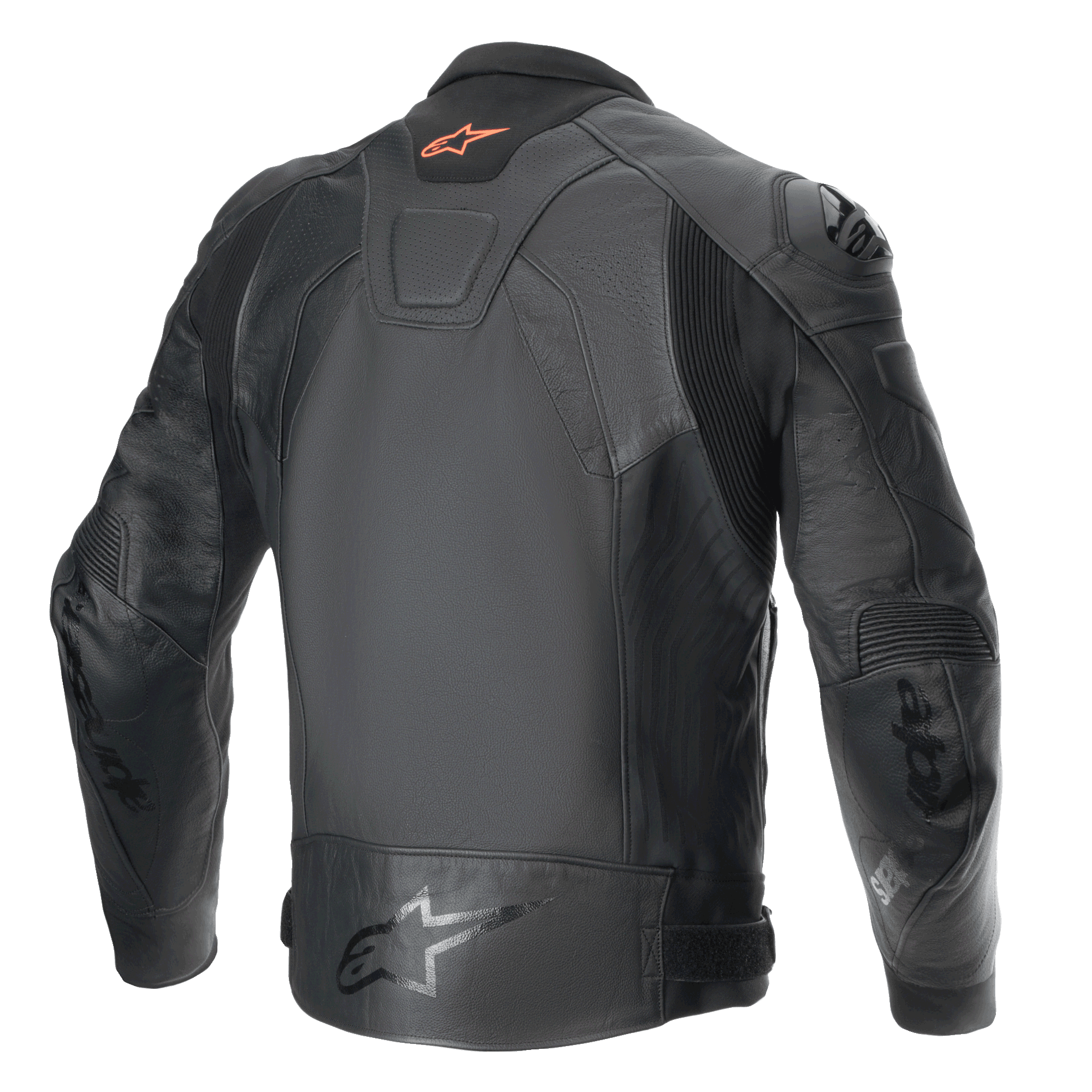 Alpinestars Giacca In Pelle GP Plus R V4 Airflow, giacca da moto sportiva da uomo, vista posteriore in nero con inserti elasticizzati e pelle di grado race