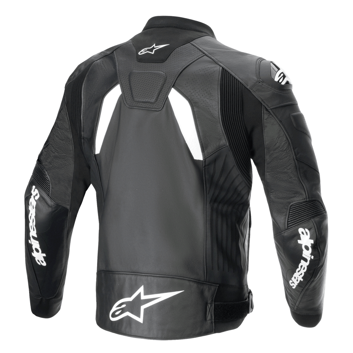 Giacca in pelle Alpinestars GP Plus R V4 Airflow, vista posteriore, nero e bianco, con pelle traforata per la ventilazione, loghi Alpinestars bianchi sulle maniche e sulla parte inferiore della schiena e pannelli elasticizzati integrati per la guida sportiva.