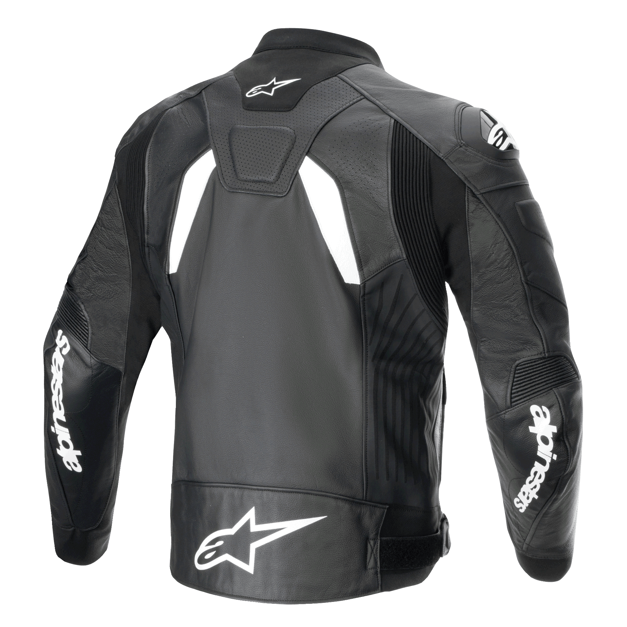 Giacca in pelle Alpinestars GP Plus R V4 Airflow, vista posteriore, nero e bianco, con pelle traforata per la ventilazione, loghi Alpinestars bianchi sulle maniche e sulla parte inferiore della schiena e pannelli elasticizzati integrati per la guida sportiva.