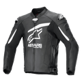 Giacca in pelle Alpinestars GP Plus R V4 Airflow, nero e bianco, vista frontale con grande logo Astars bianco e scritta sul petto, pannelli in pelle traforata per la ventilazione, slider DFS sulle spalle, tasche con zip e cinturini regolabili in vita, abbigliamento racing da moto in pelle premium