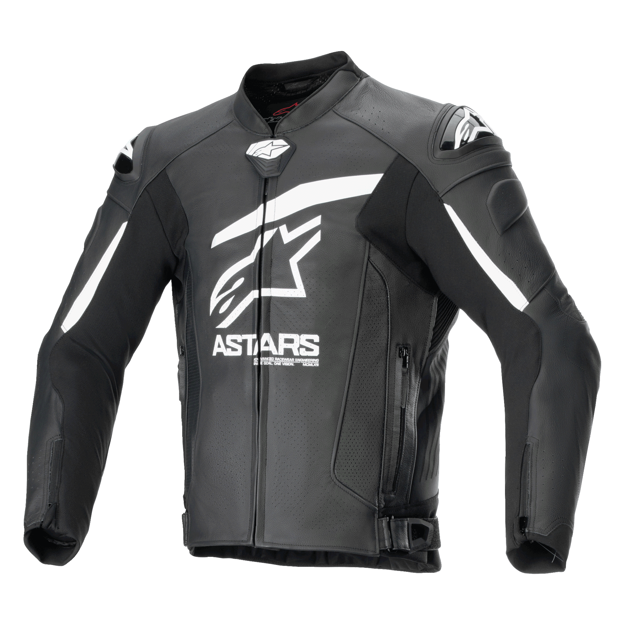 Giacca in pelle Alpinestars GP Plus R V4 Airflow, nero e bianco, vista frontale con grande logo Astars bianco e scritta sul petto, pannelli in pelle traforata per la ventilazione, slider DFS sulle spalle, tasche con zip e cinturini regolabili in vita, abbigliamento racing da moto in pelle premium