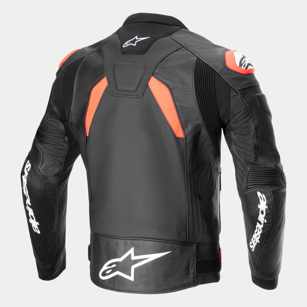 Alpinestars Giacca In Pelle GP Plus R V4 Airflow, giacca da moto sportiva da uomo, vista posteriore in nero con dettagli rossi e bianchi, in pelle di grado race con pannelli traforati