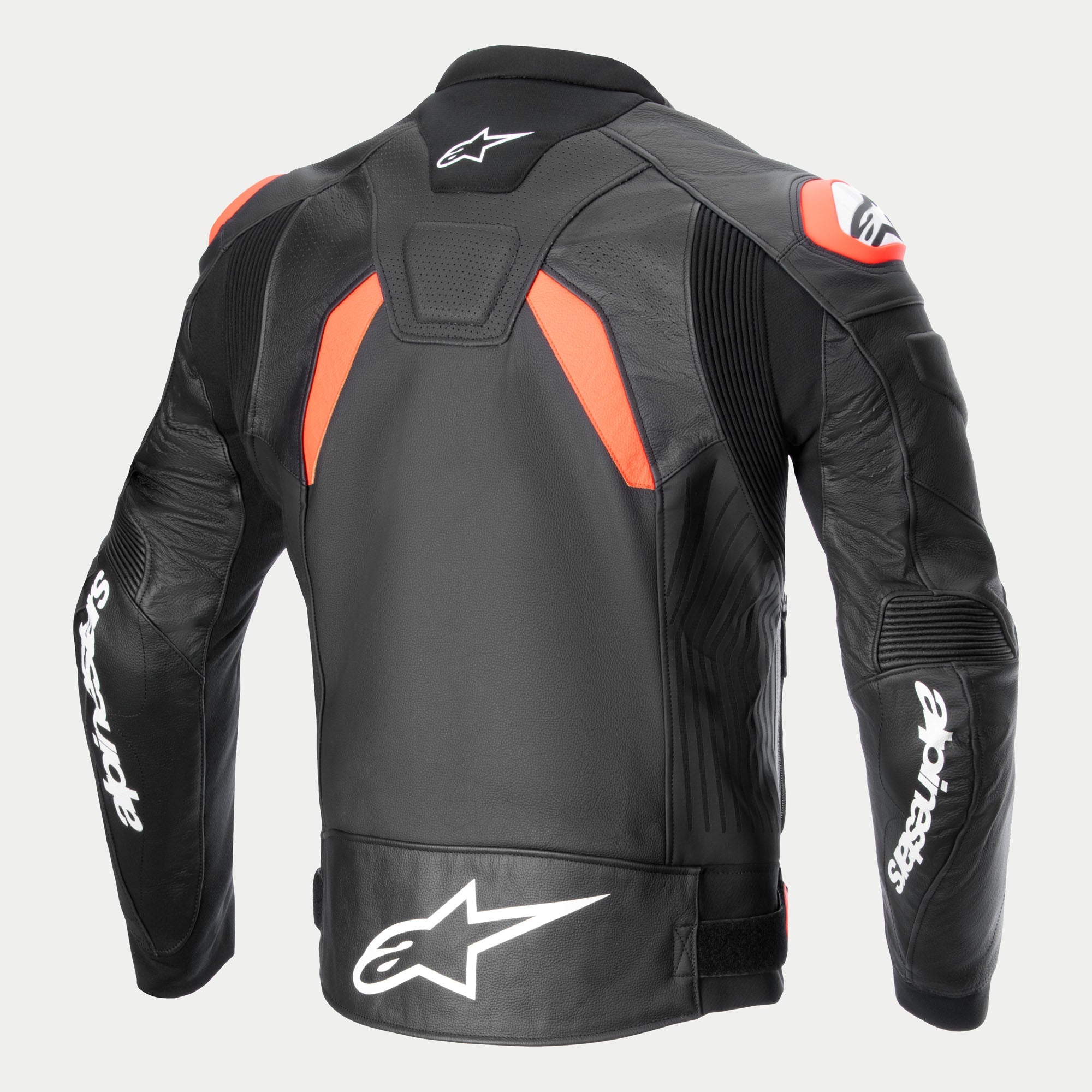 Alpinestars Giacca In Pelle GP Plus R V4 Airflow, giacca da moto sportiva da uomo, vista posteriore in nero con dettagli rossi e bianchi, in pelle di grado race con pannelli traforati