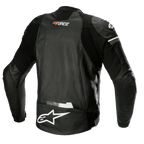 Alpinestars GP Force Airflow Leather Jacket, nera, vista posteriore con pelle di bufalo perforata per la ventilazione, marchio GP Force sul collo, grande logo a stella Alpinestars bianco sulla parte inferiore della schiena e pannelli elasticizzati integrati per una vestibilità sportiva
