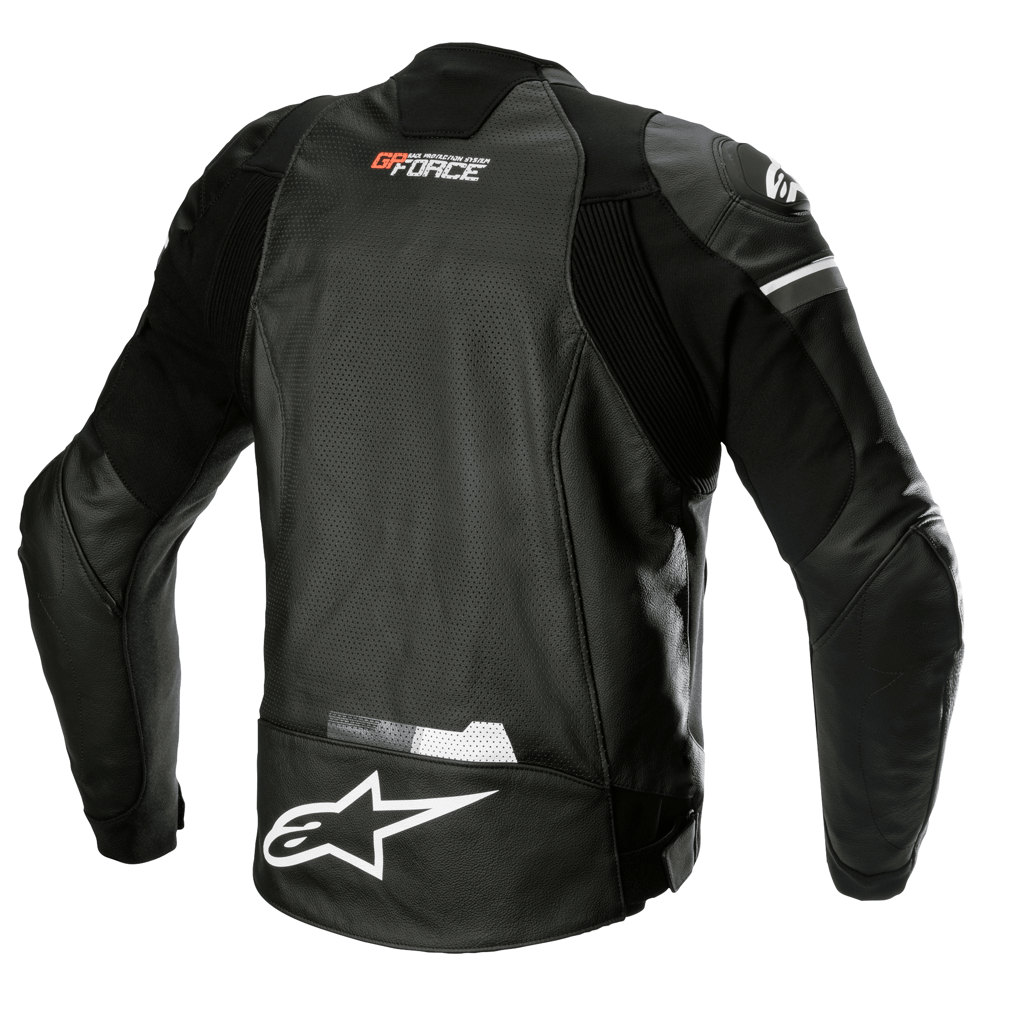Alpinestars GP Force Airflow Leather Jacket, nera, vista posteriore con pelle di bufalo perforata per la ventilazione, marchio GP Force sul collo, grande logo a stella Alpinestars bianco sulla parte inferiore della schiena e pannelli elasticizzati integrati per una vestibilità sportiva