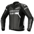 Giacca in pelle Alpinestars GP Force Airflow, nera con accenti bianchi e grigi, giacca da moto racing, pelle completamente traforata su petto e schiena per la ventilazione, slider esterni DFS Lite sulle spalle, logo Alpinestars bianco su petto e maniche, design sportivo per uso stradale
