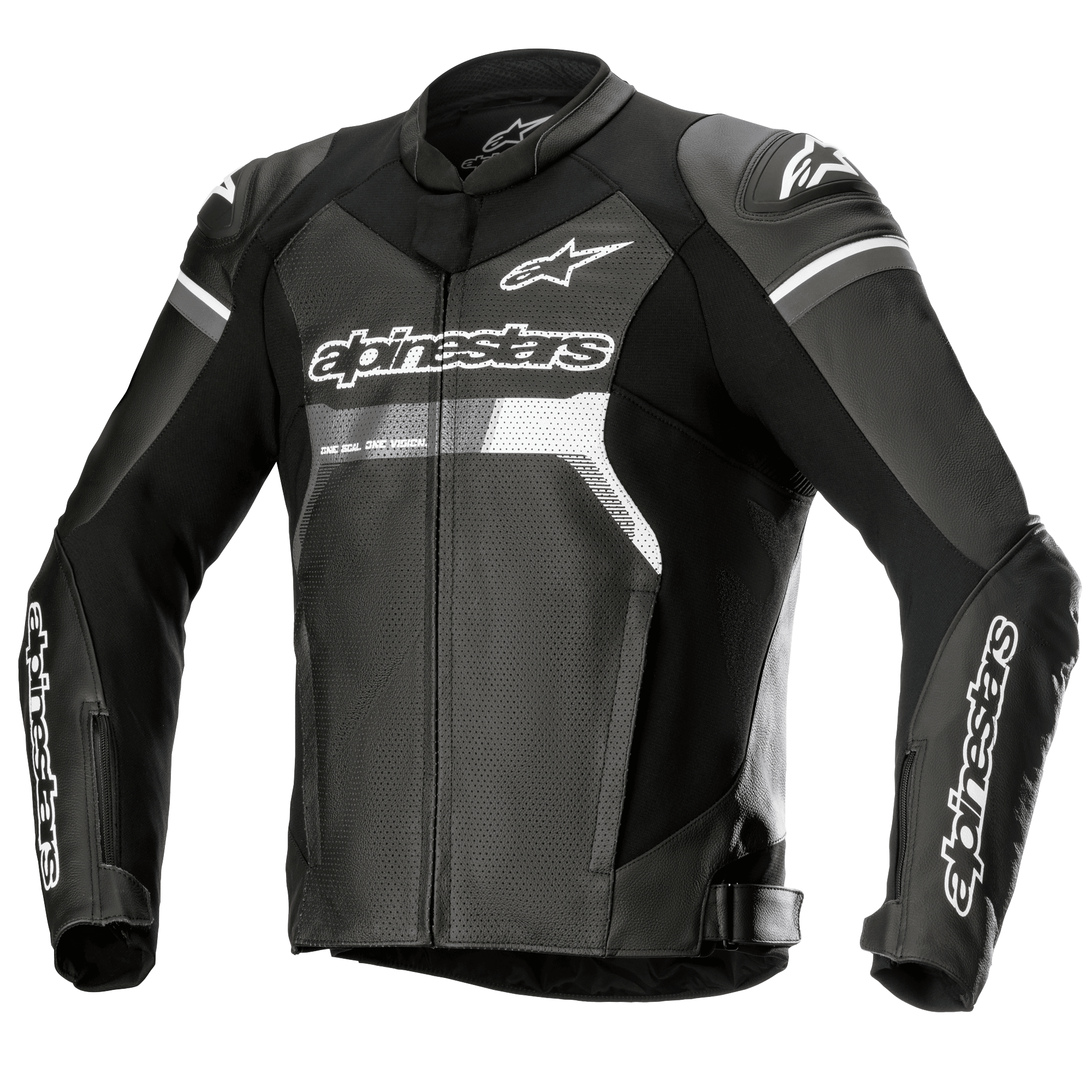 Giacca in pelle Alpinestars GP Force Airflow, nera con accenti bianchi e grigi, giacca da moto racing, pelle completamente traforata su petto e schiena per la ventilazione, slider esterni DFS Lite sulle spalle, logo Alpinestars bianco su petto e maniche, design sportivo per uso stradale