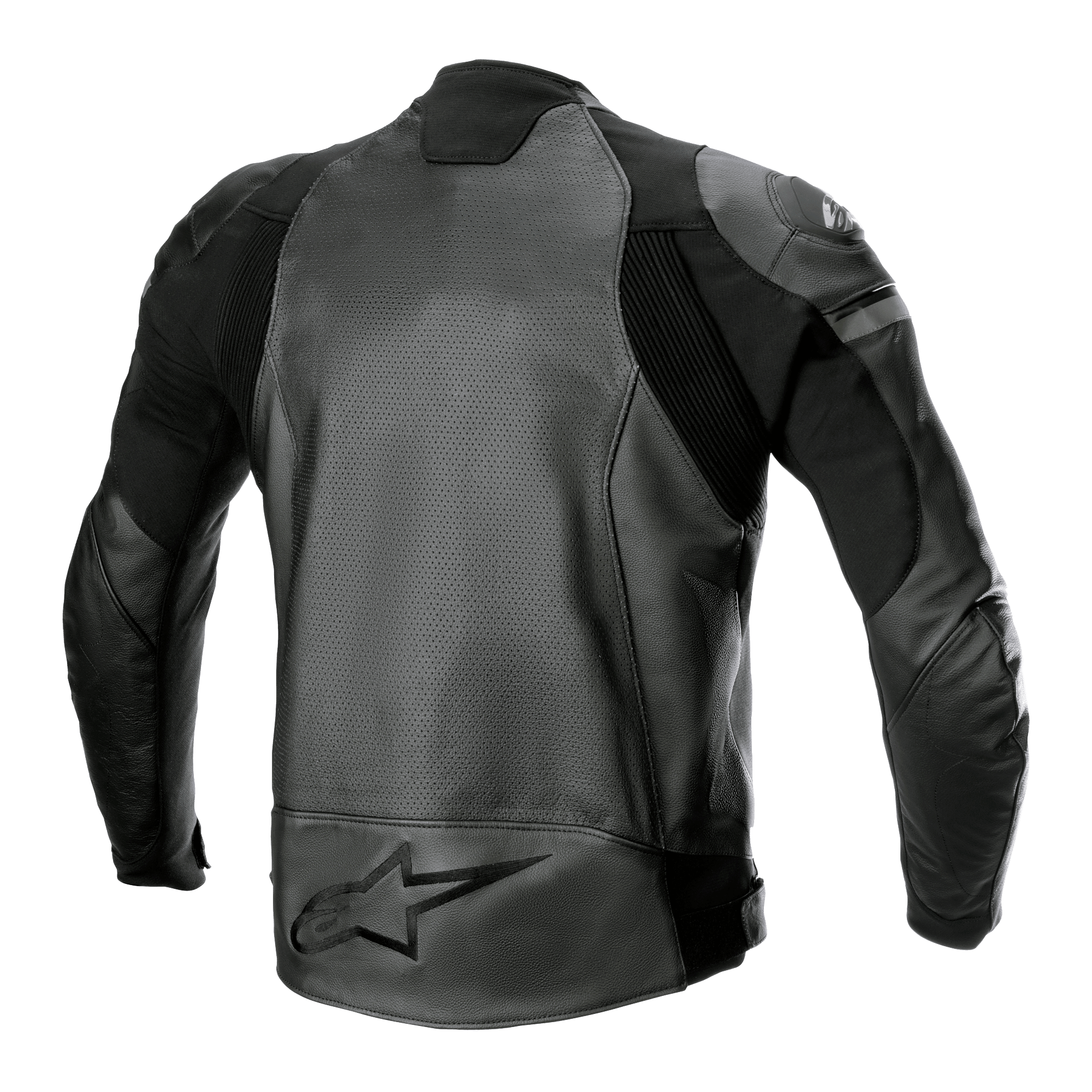Giacca in pelle Alpinestars GP Force Airflow, nero, vista posteriore con pannelli in pelle di bufalo traforata, inserti elastici a soffietto e grande logo a stella in rilievo sulla parte bassa della schiena, abbigliamento da motociclismo sportivo