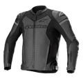 Alpinestars GP Force Airflow Leather Jacket, giacca da moto racing, nero e grigio scuro, pannelli perforati per la ventilazione, scivoli esterni per spalle DFS Lite, branding evidente su petto e maniche, costruzione in pelle premium con cinghie di regolazione in vita