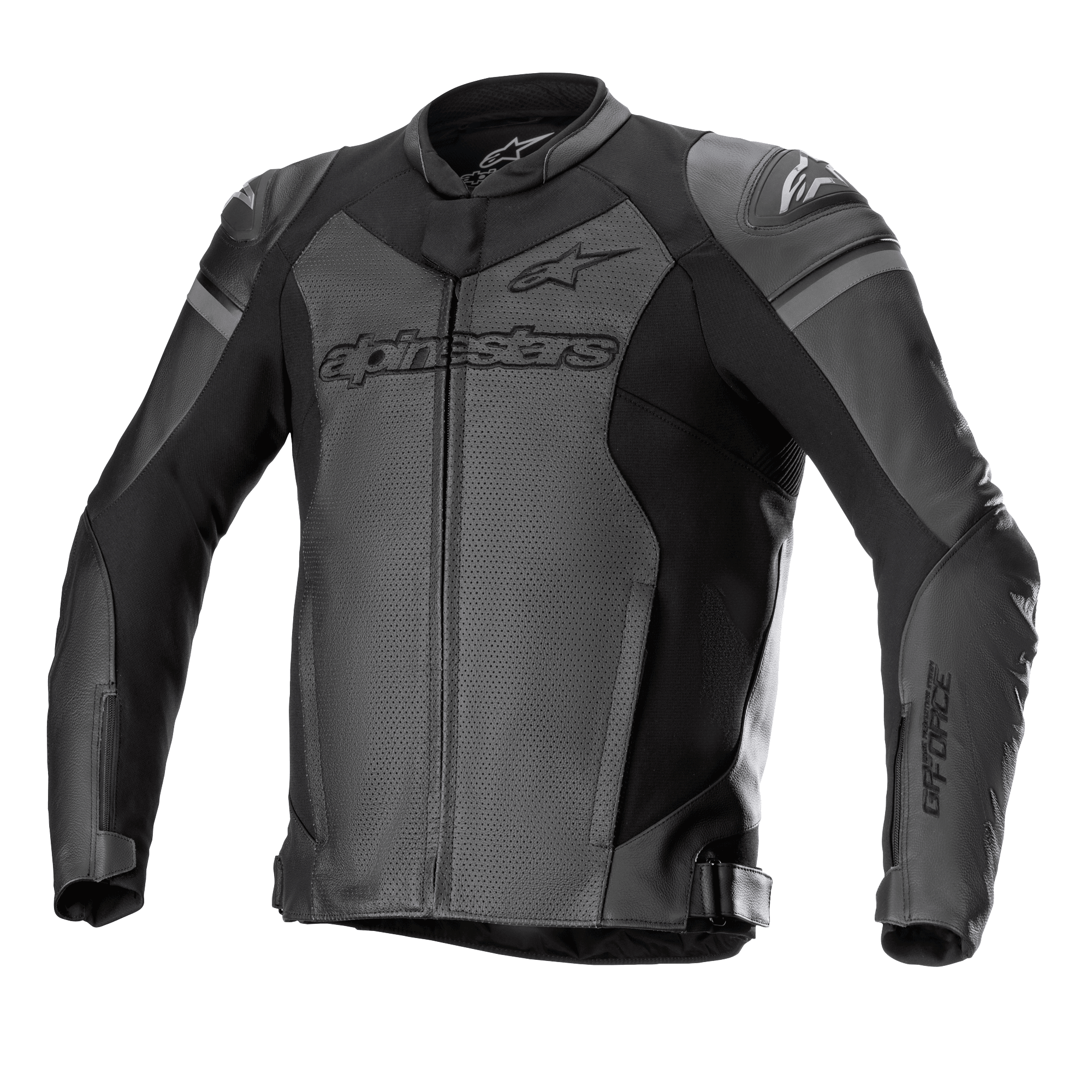 Alpinestars GP Force Airflow Leather Jacket, giacca da moto racing, nero e grigio scuro, pannelli perforati per la ventilazione, scivoli esterni per spalle DFS Lite, branding evidente su petto e maniche, costruzione in pelle premium con cinghie di regolazione in vita