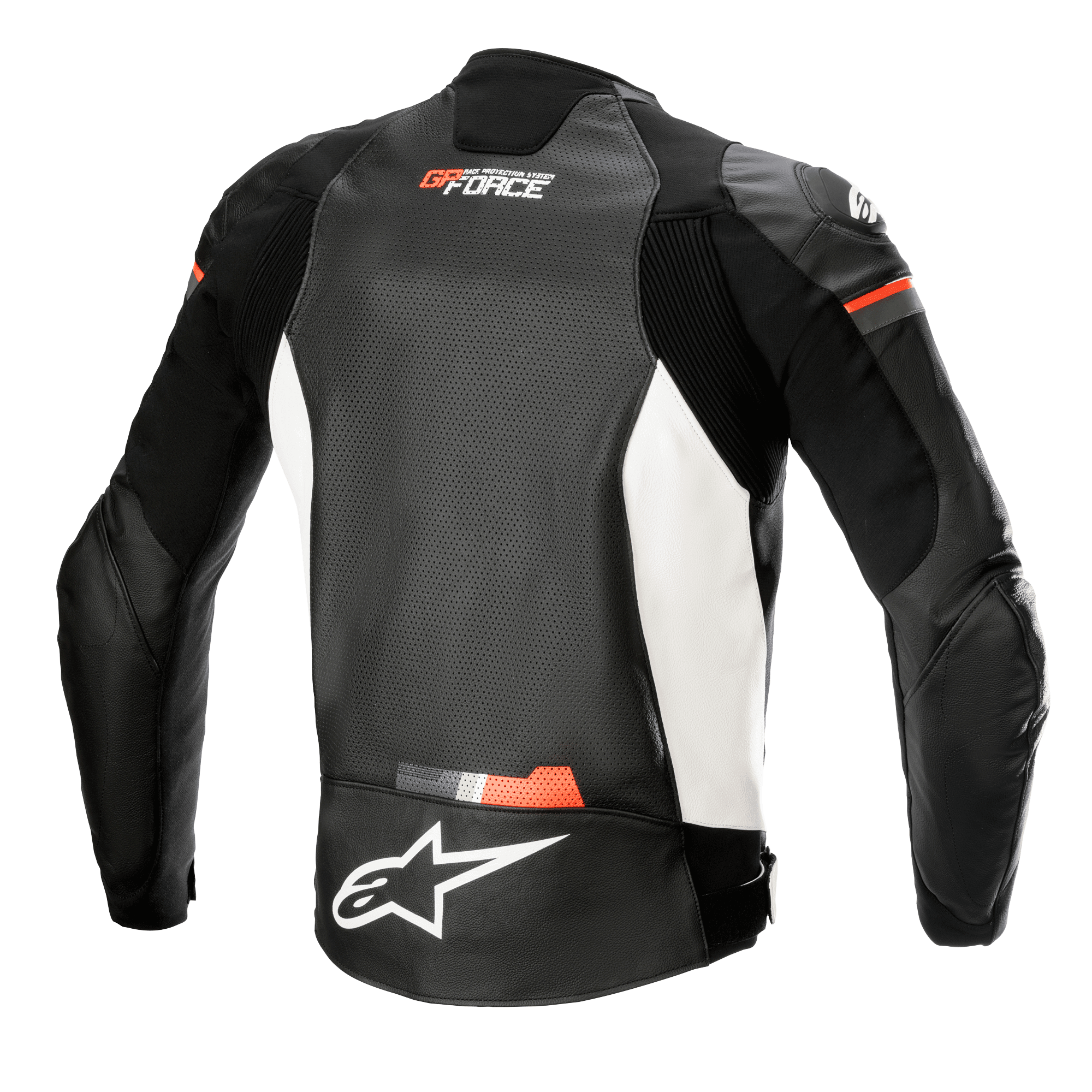 Giacca in pelle Alpinestars GP Force Airflow, vista posteriore, nero bianco e rosso fluo, pannello posteriore in pelle traforata per la ventilazione, inserti a soffietto su spalle e fianchi, logo Alpinestars bianco sulla parte inferiore della schiena, marchio GP Force sulla parte superiore della schiena, abbigliamento sportivo da moto