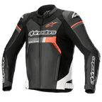 Alpinestars GP Force Airflow Leather Jacket, nero con dettagli bianco e rosso fluo, giacca da moto in pelle traforata, dotata di protezioni per le spalle DFS Lite, loghi Alpinestars su petto e maniche, design sportivo ventilato