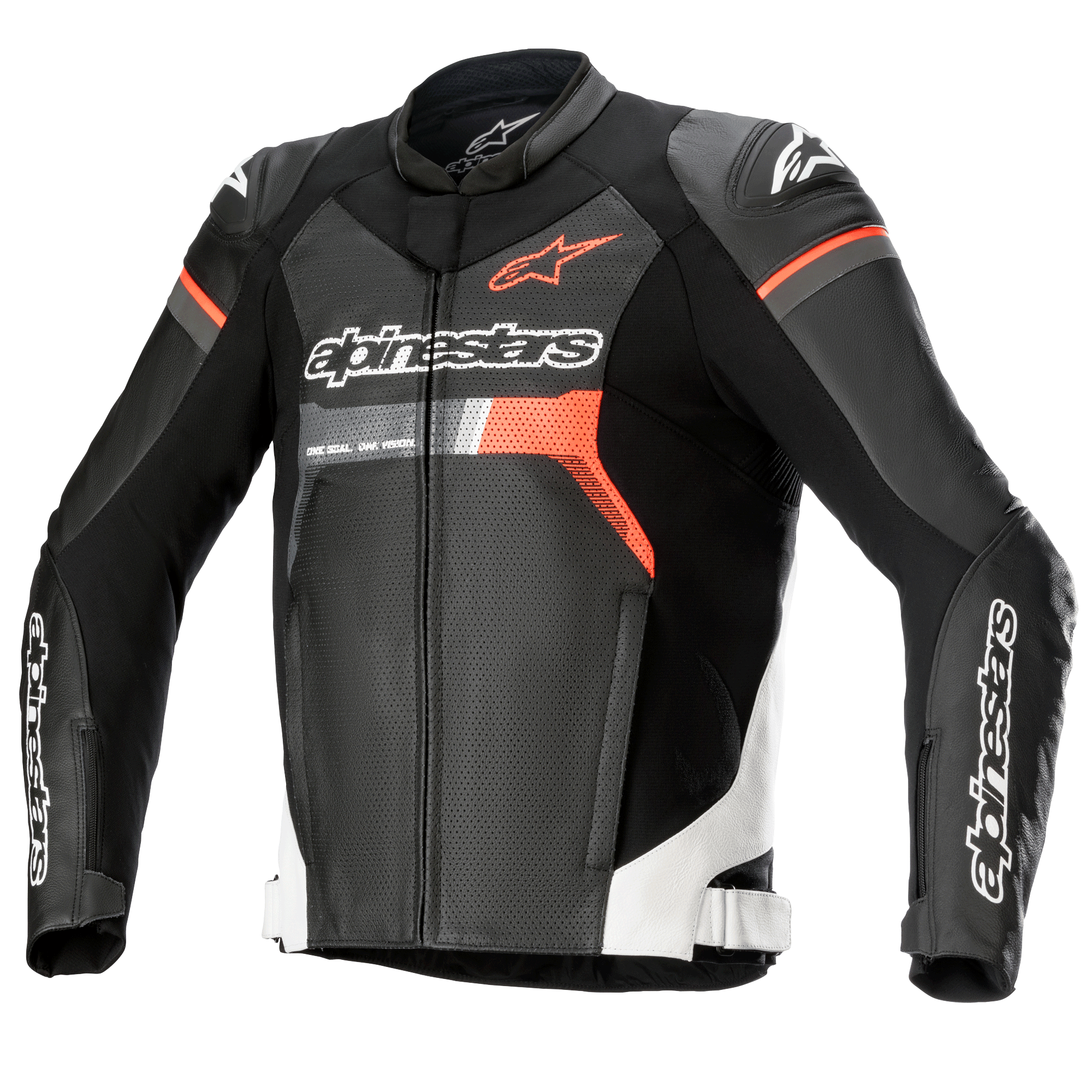Alpinestars GP Force Airflow Leather Jacket, nero con dettagli bianco e rosso fluo, giacca da moto in pelle traforata, dotata di protezioni per le spalle DFS Lite, loghi Alpinestars su petto e maniche, design sportivo ventilato