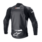 Giacca in pelle Alpinestars GP Force, Nero, vista posteriore con logo Alpinestars bianco sulla parte inferiore della schiena e marchio GP Force sulla parte superiore, pannelli elastici a fisarmonica e robusta struttura in pelle bovina per racing su strada