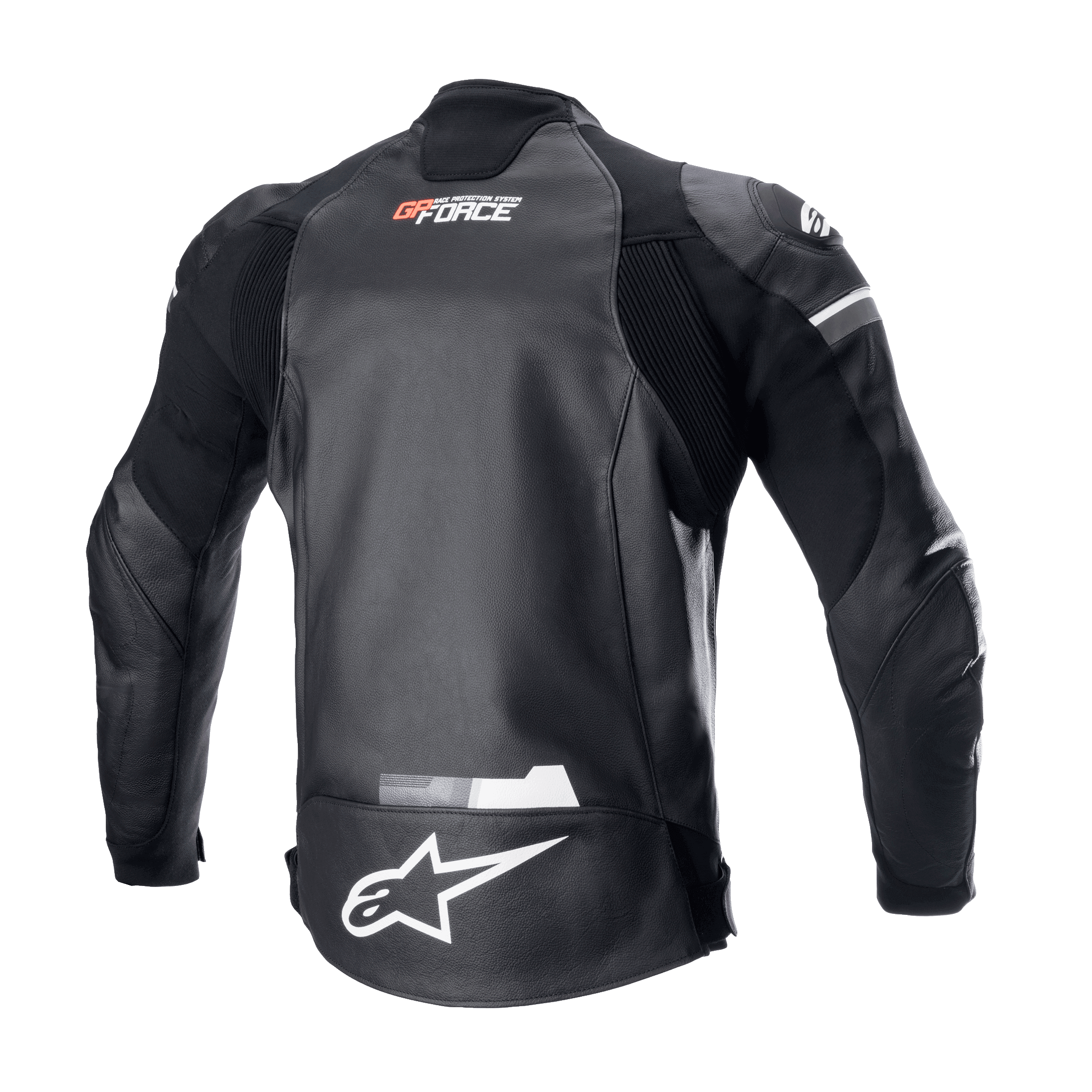 Giacca in pelle Alpinestars GP Force, Nero, vista posteriore con logo Alpinestars bianco sulla parte inferiore della schiena e marchio GP Force sulla parte superiore, pannelli elastici a fisarmonica e robusta struttura in pelle bovina per racing su strada