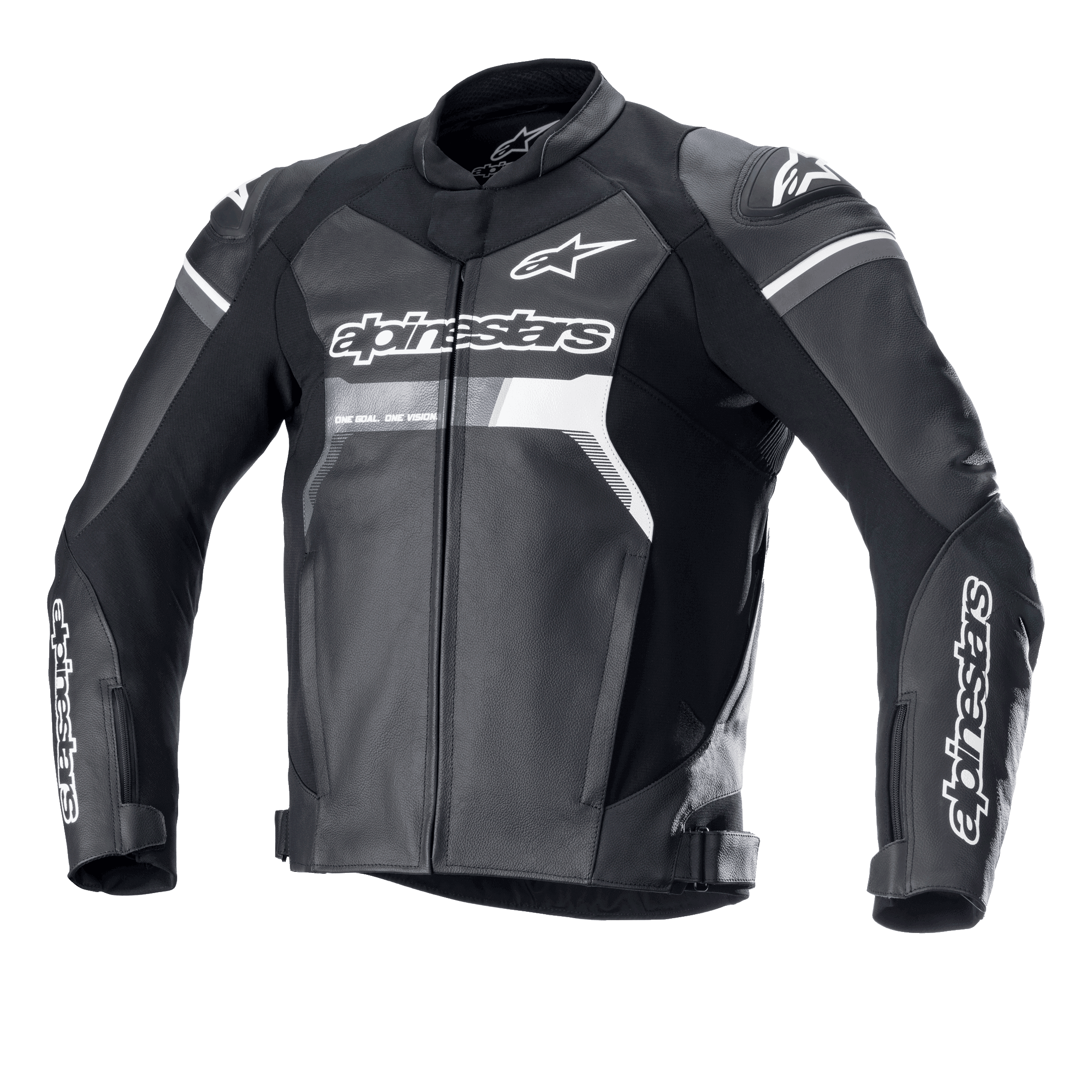 Giacca in pelle Alpinestars GP Force, nero con dettagli bianchi e grigi, giacca da moto racing, struttura in pregiata pelle bovina, logo Alpinestars su petto e maniche, slider spalla DFS Lite, vestibilità sportiva ergonomica per la guida su strada.