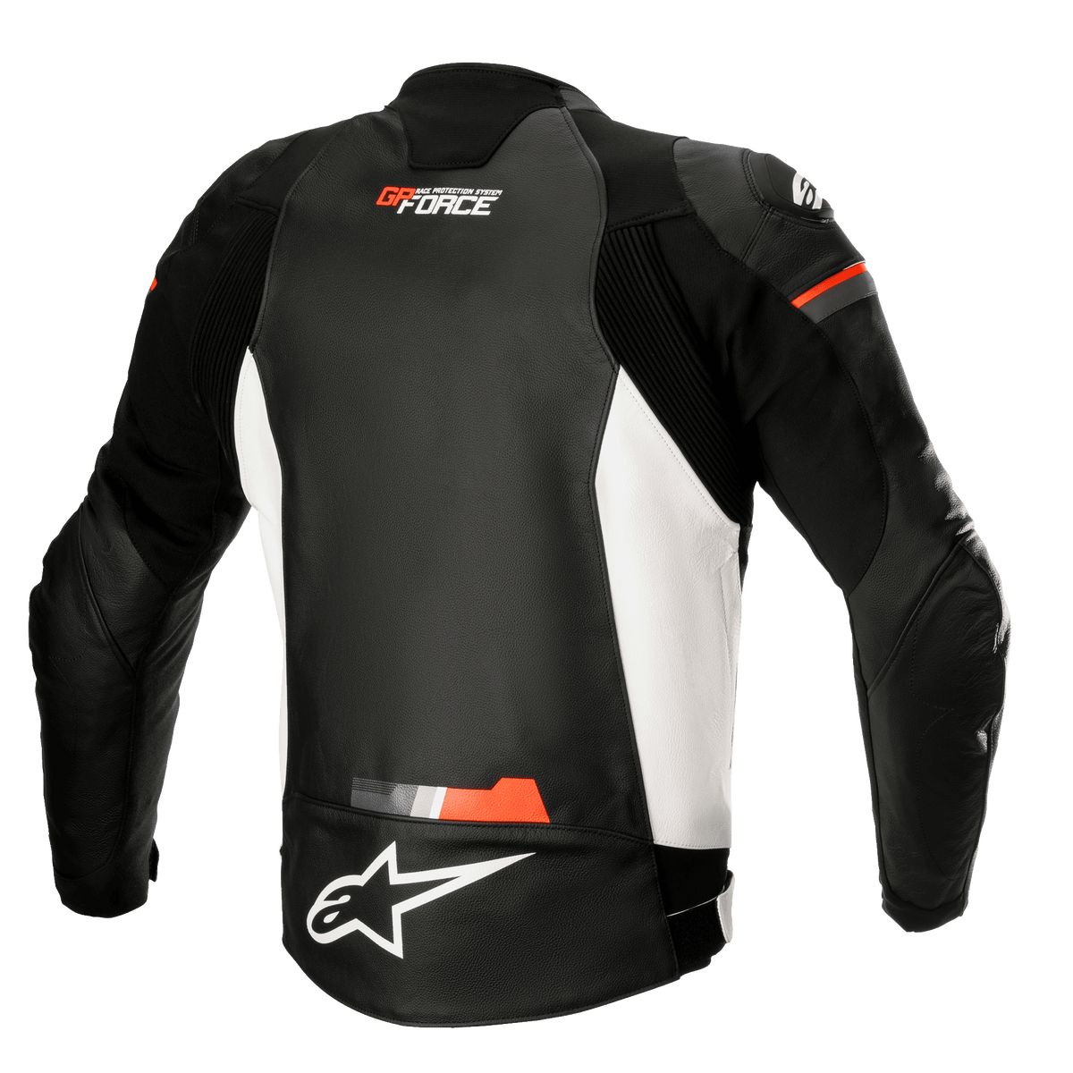 Giacca in pelle Alpinestars GP Force, giacca da moto in pelle, nero, bianco e rosso fluo, vista posteriore con pannelli laterali bianchi e dettagli rosso fluo, loghi Alpinestars e GP Force, design sportivo con pannelli elastici a soffietto