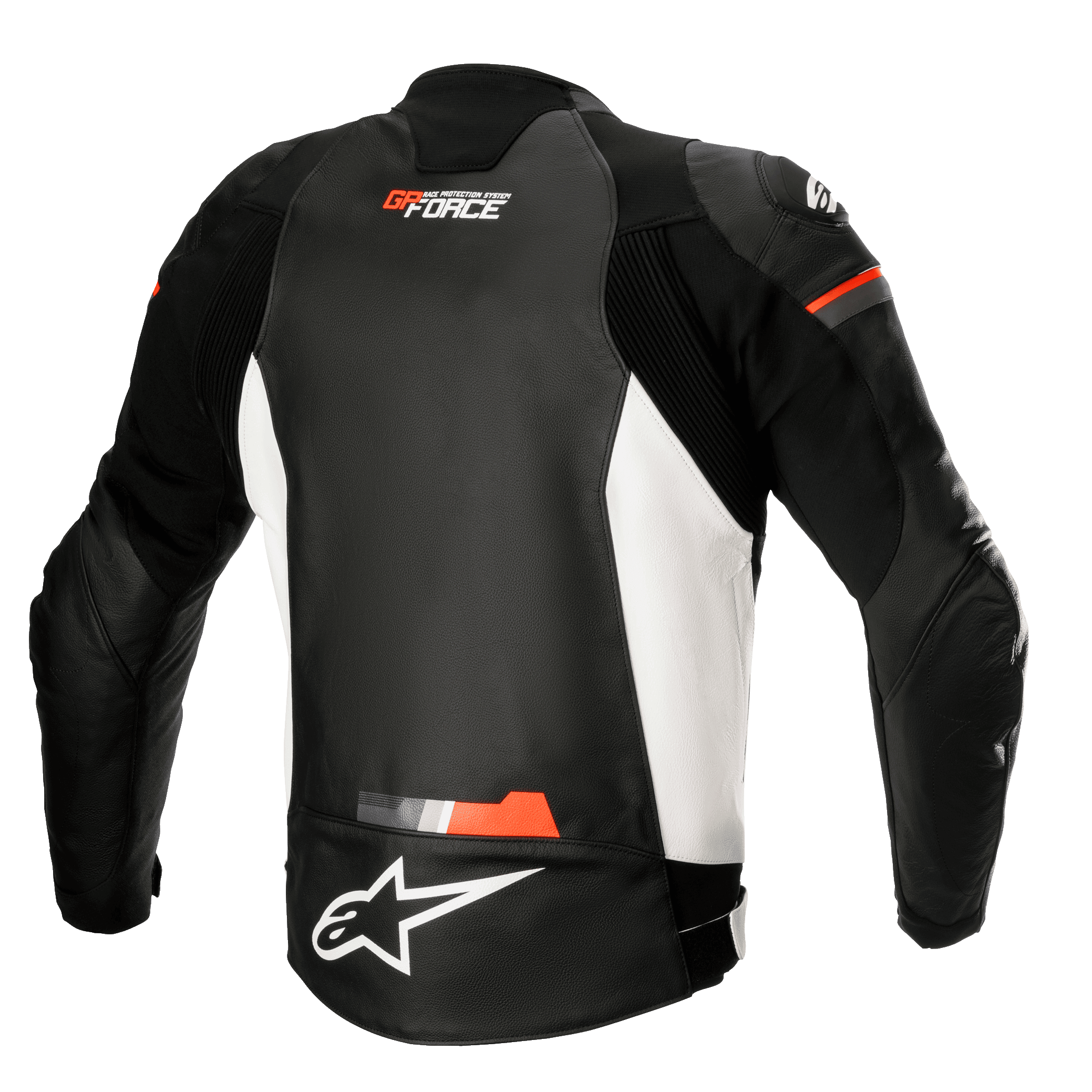 Giacca in pelle Alpinestars GP Force, giacca da moto in pelle, nero, bianco e rosso fluo, vista posteriore con pannelli laterali bianchi e dettagli rosso fluo, loghi Alpinestars e GP Force, design sportivo con pannelli elastici a soffietto