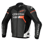 Giacca in pelle Alpinestars GP Force, giacca da moto racing, nero con accenti bianchi e rosso fluo, con marchio Alpinestars in evidenza su petto e maniche, costruzione in pregiata pelle bovina con protezioni spalle DFS Lite, silhouette aerodinamica