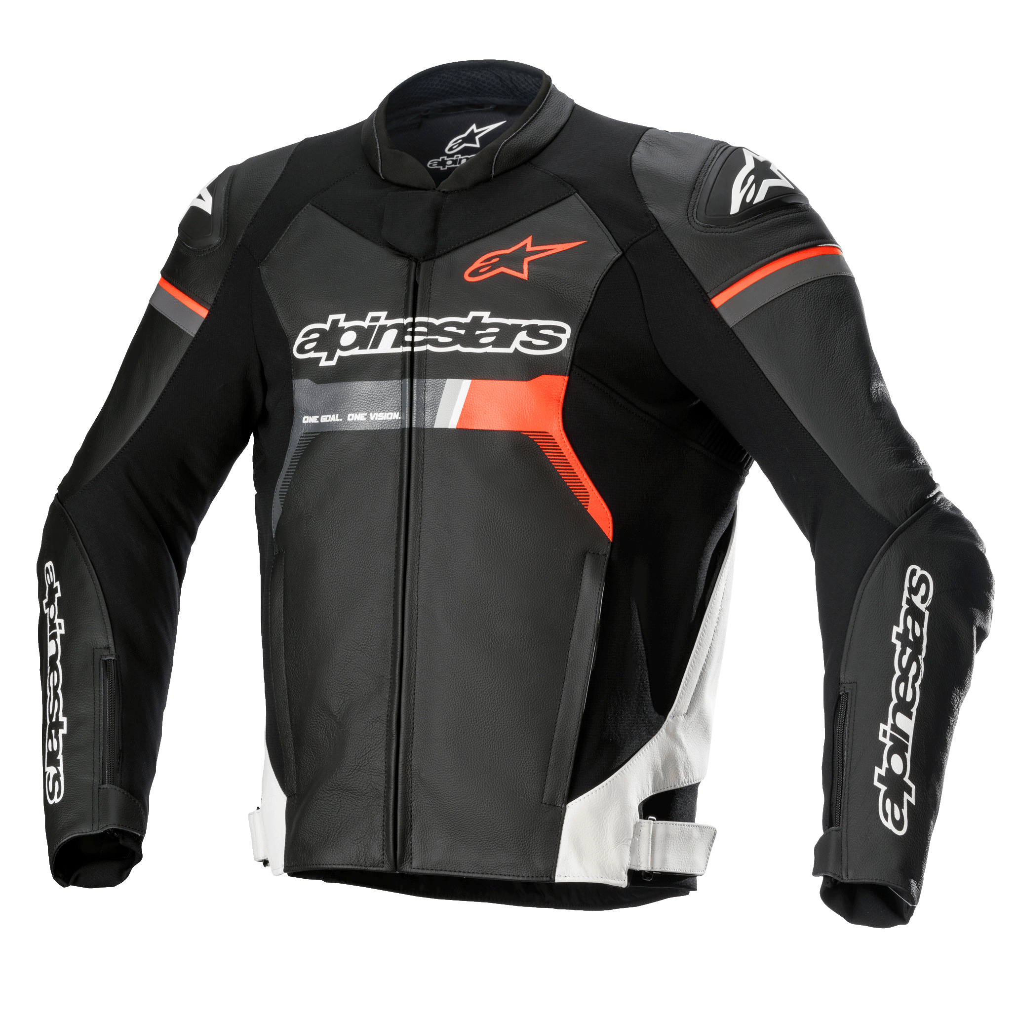 Giacca in pelle Alpinestars GP Force, giacca da moto racing, nero con accenti bianchi e rosso fluo, con marchio Alpinestars in evidenza su petto e maniche, costruzione in pregiata pelle bovina con protezioni spalle DFS Lite, silhouette aerodinamica