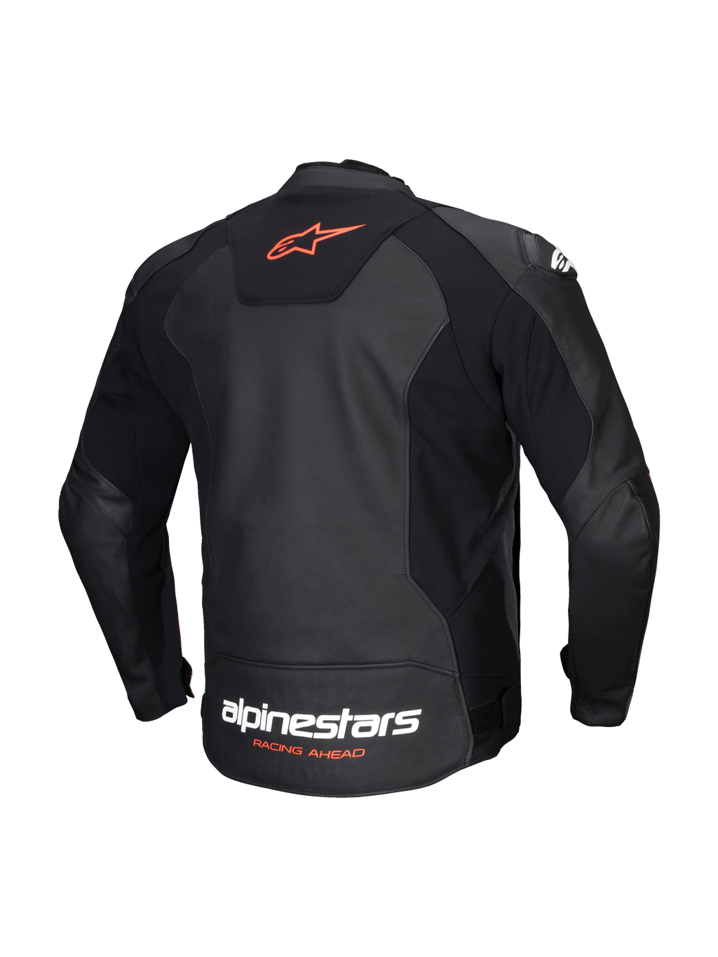 Alpinestars Giacca In Pelle Faster V3, giacca da moto sportiva da uomo, vista posteriore in nero e rosso fluo, in pelle premium con inserti elasticizzati HRSF, certificata CE classe AA