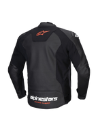Alpinestars Giacca In Pelle Faster V3, giacca da moto sportiva da uomo, vista posteriore in nero e rosso fluo, in pelle premium con inserti elasticizzati HRSF, certificata CE classe AA