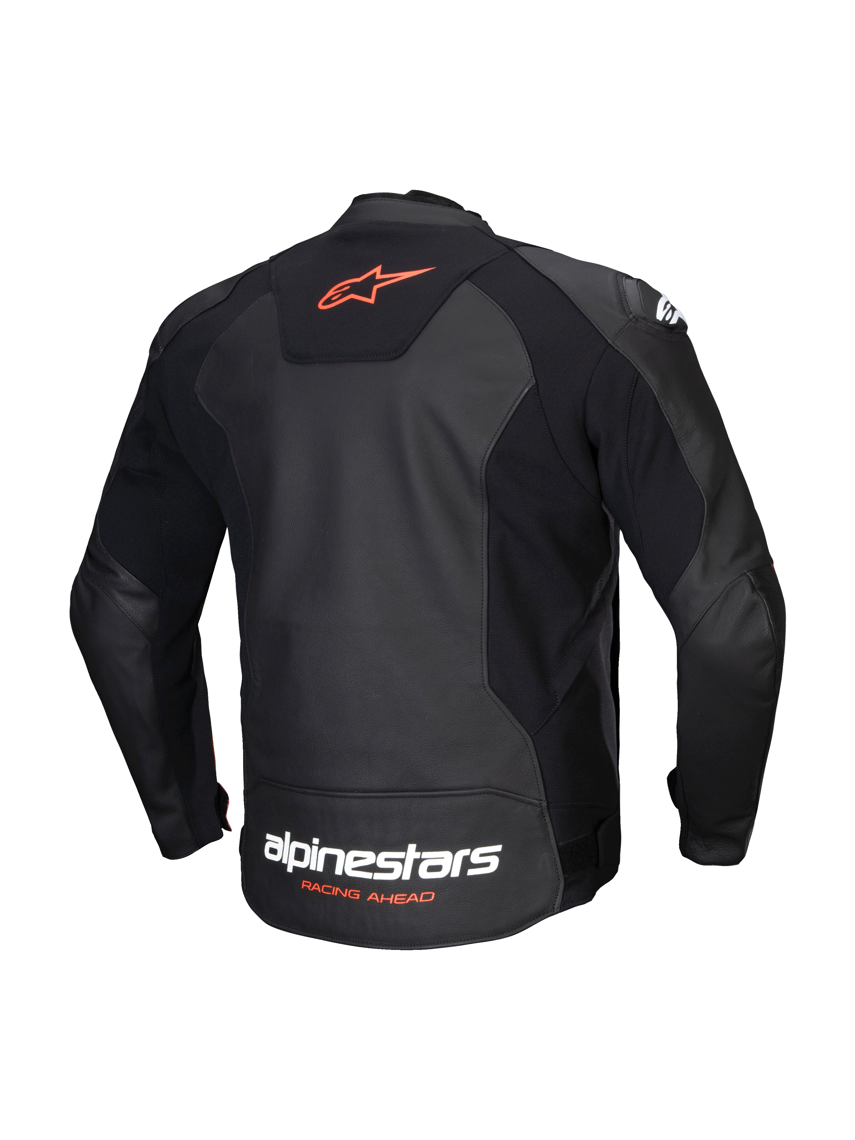 Alpinestars Giacca In Pelle Faster V3, giacca da moto sportiva da uomo, vista posteriore in nero e rosso fluo, in pelle premium con inserti elasticizzati HRSF, certificata CE classe AA