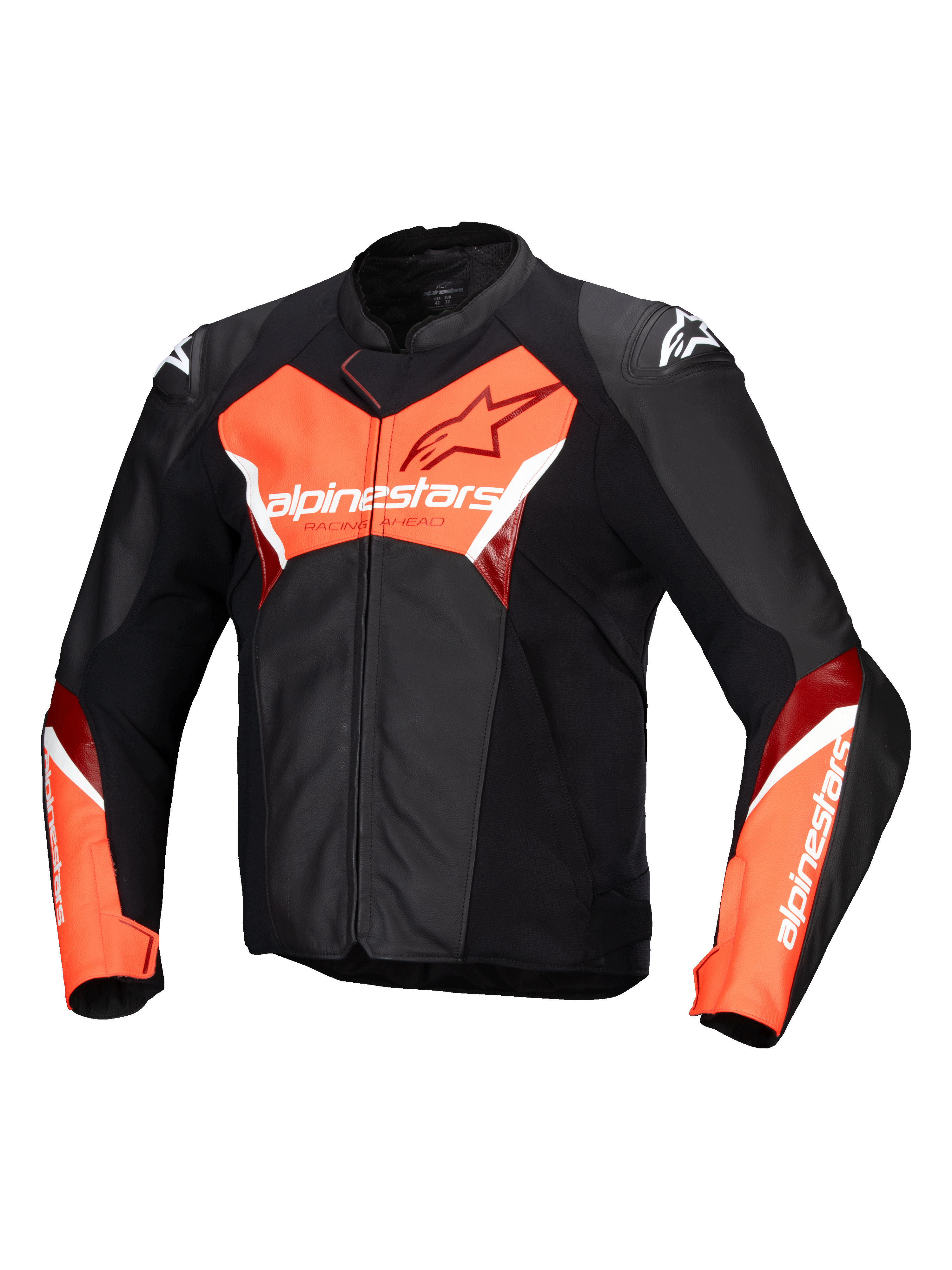 Alpinestars Giacca In Pelle Faster V3, giacca moto sportiva in pelle da uomo, nero e rosso fluo, certificata CE con protezioni