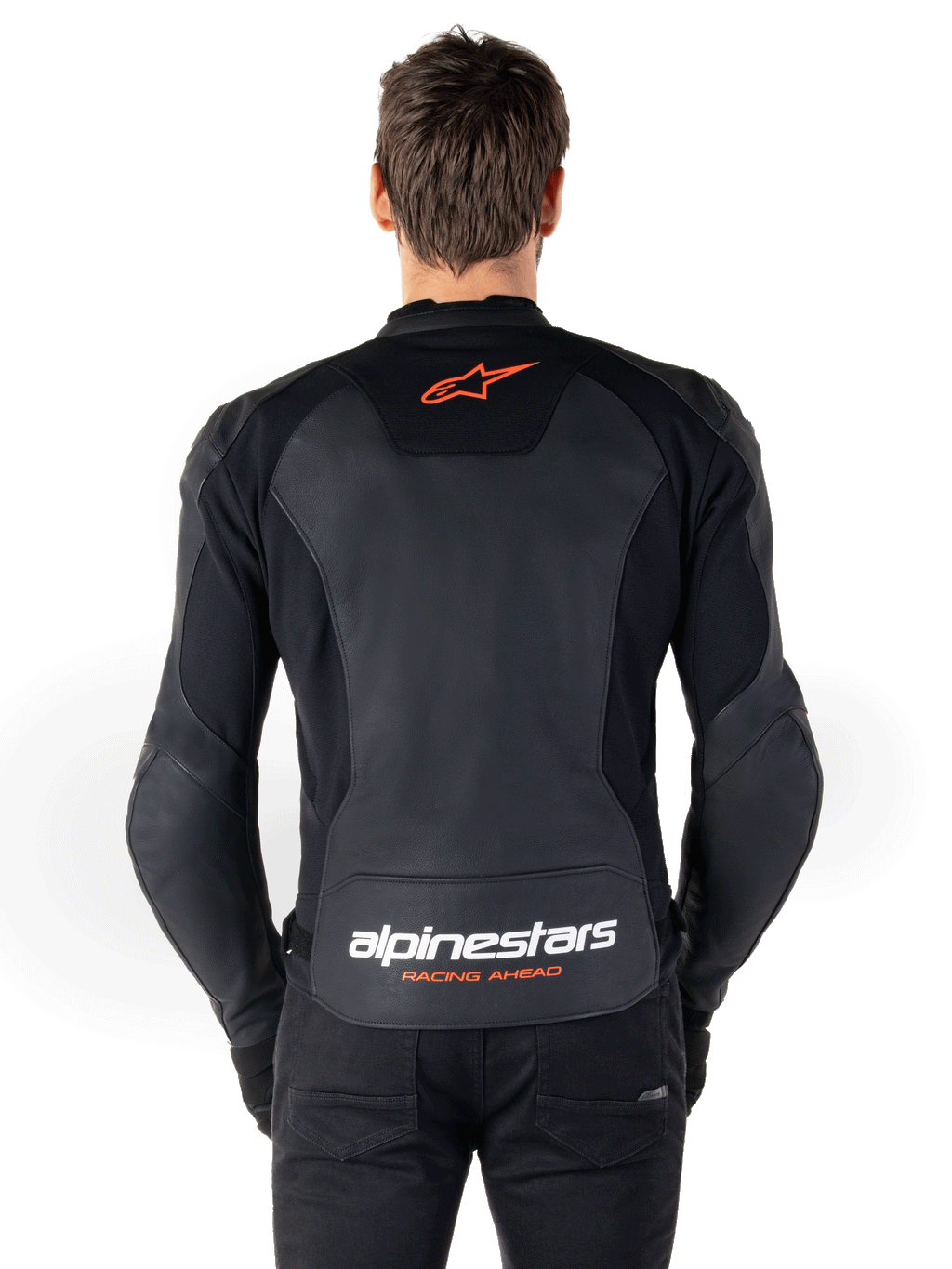 Giacca in pelle Alpinestars Faster V3, giacca da moto sportiva, nero e rosso fluo, con struttura in pelle premium, pannelli elasticizzati HRSF e una silhouette sportiva raffinata