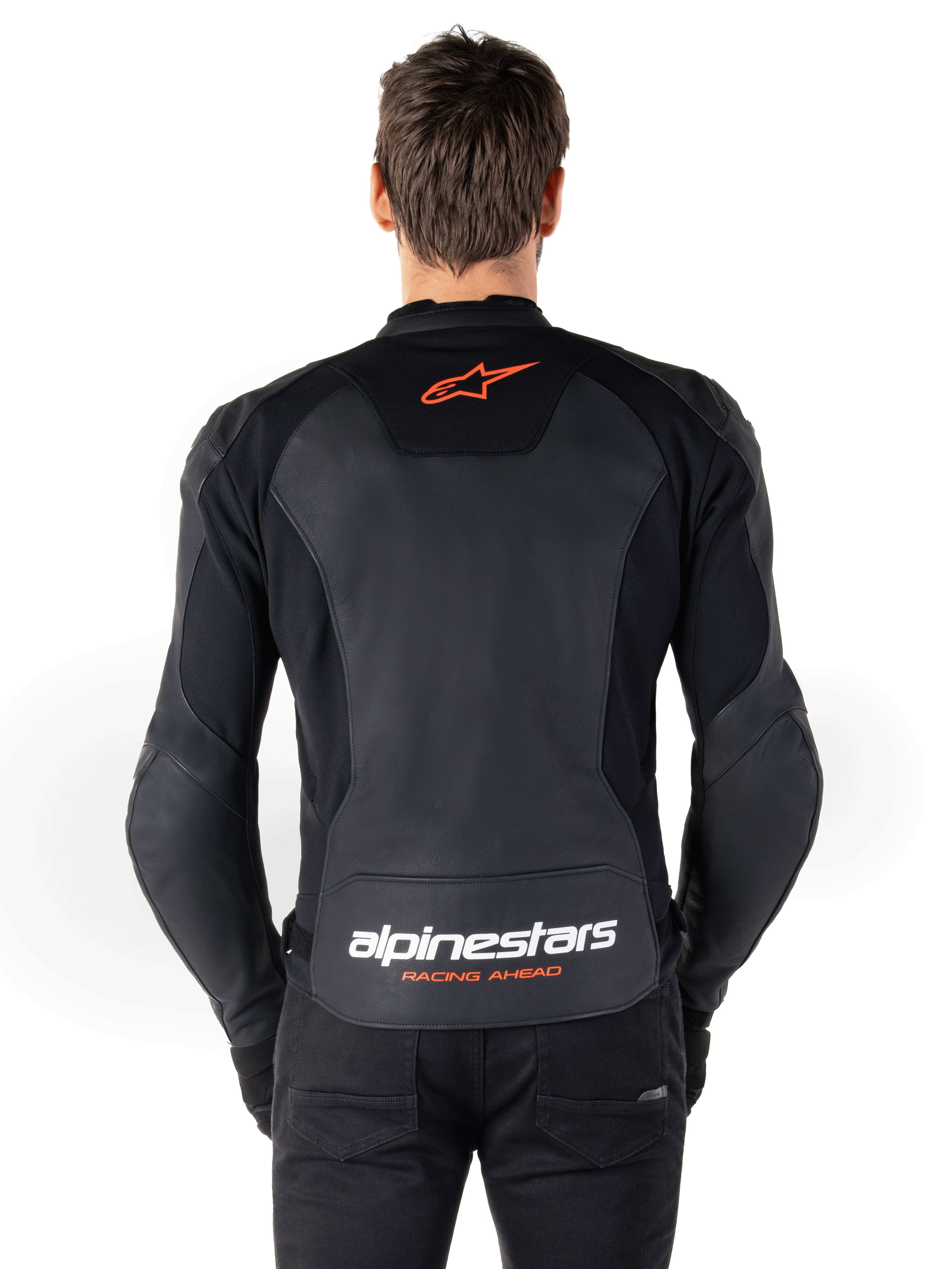 Giacca in pelle Alpinestars Faster V3, giacca da moto sportiva, nero e rosso fluo, con struttura in pelle premium, pannelli elasticizzati HRSF e una silhouette sportiva raffinata