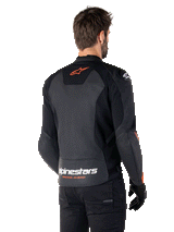 Alpinestars Faster V3 Leather Jacket, giacca da moto sportiva, nero e rosso fluo, con struttura in pelle pregiata, pannelli elasticizzati HRSF e protezioni spalle DFS GP Lite, design di derivazione racing con dettagli tecnici